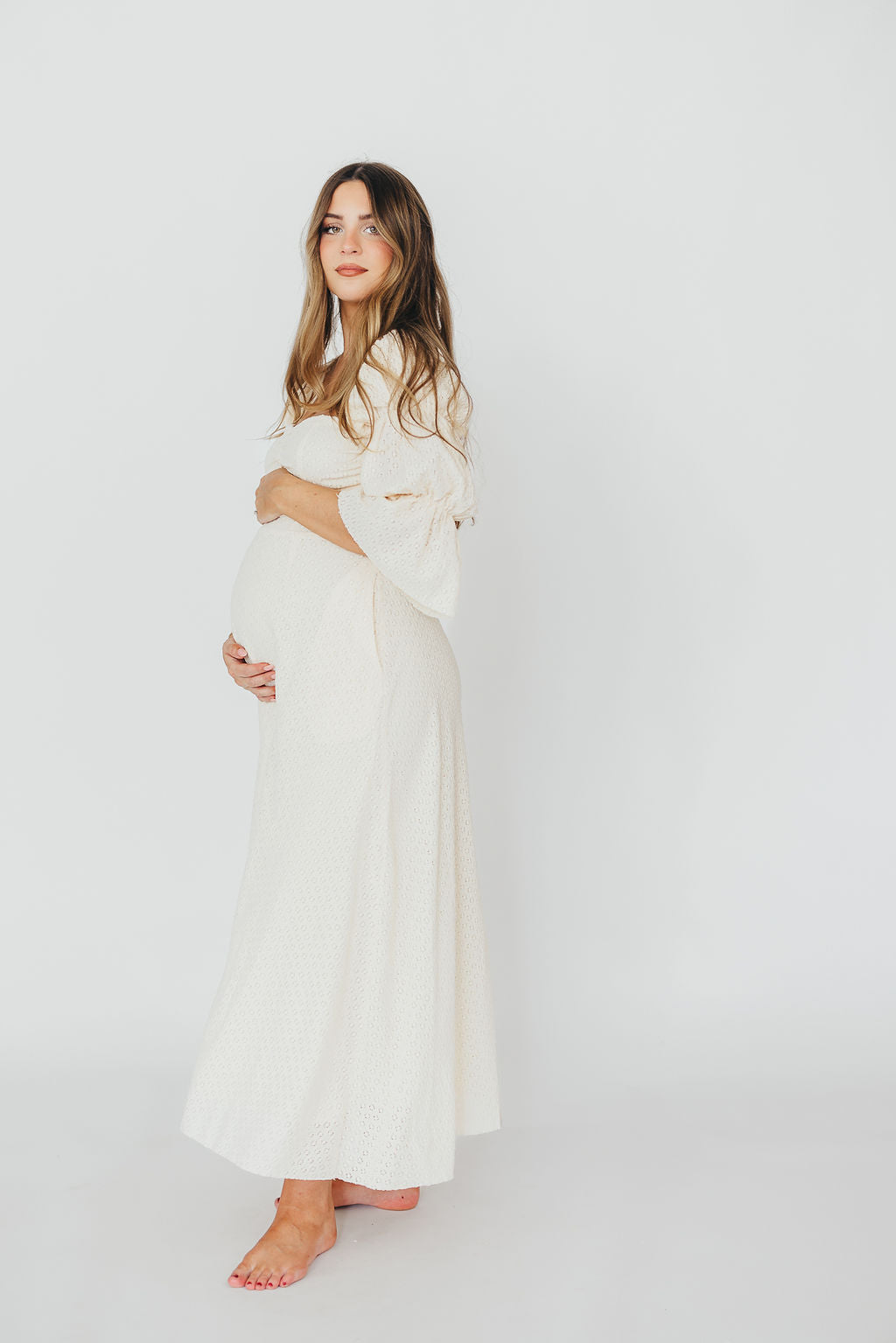 Corrine Tiered Sleeve Maxi Dress with Pockets in Ivory Cream - Bump Friendly Maternity Dress for Pregnancy, Nursing & Postpartum - Perfect for Baby Showers, Beach Vacations & Summer Weddings