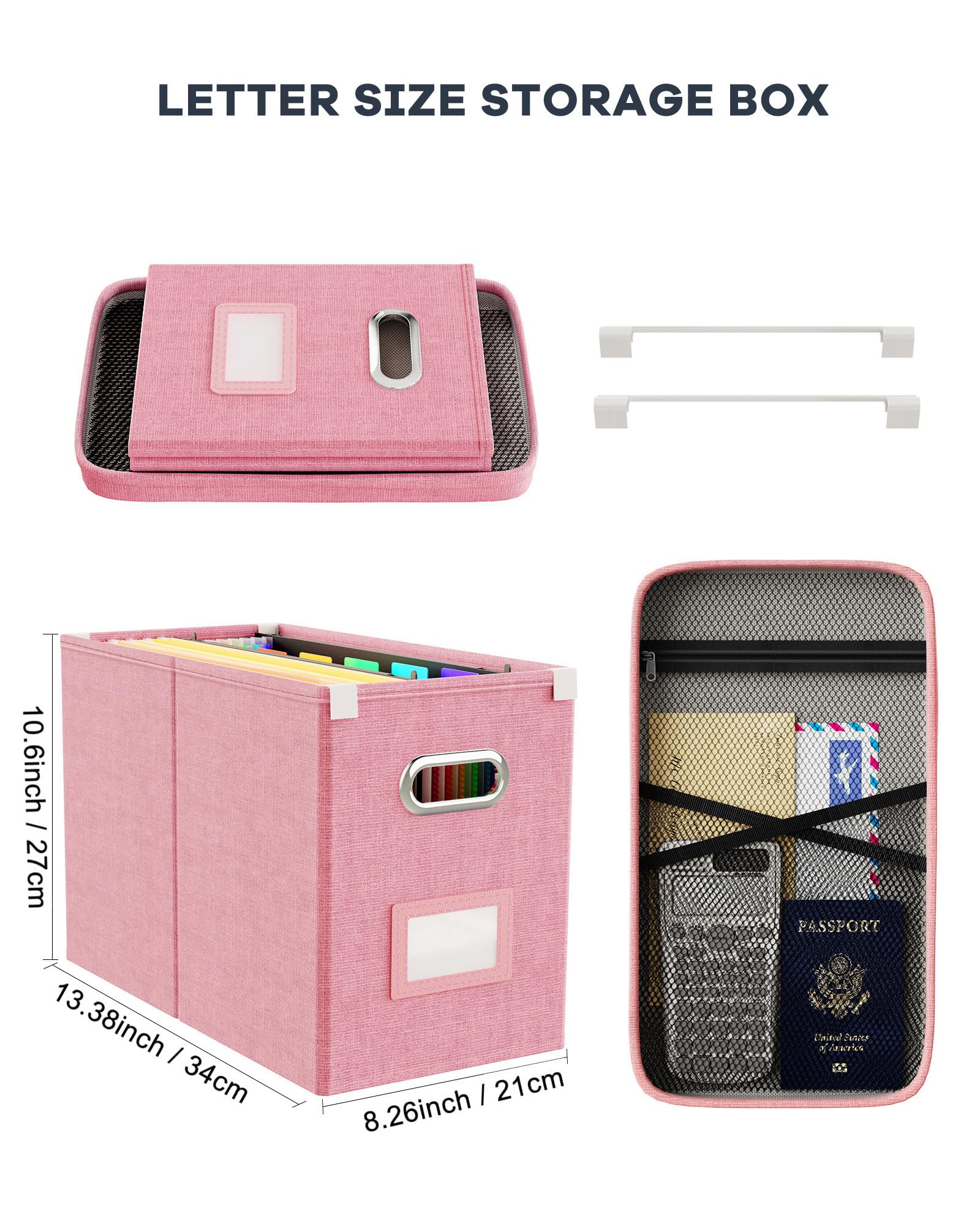 Oterri File Organizer Box with Lid - Hanging Mesh Pocket Document Storage for Letter Files | Portable Office & Home Storage Box with Smooth Sliding Rail (Pink, 1 Pack) - Perfect for Desk Organization, Paper Filing, and Home Office Storage