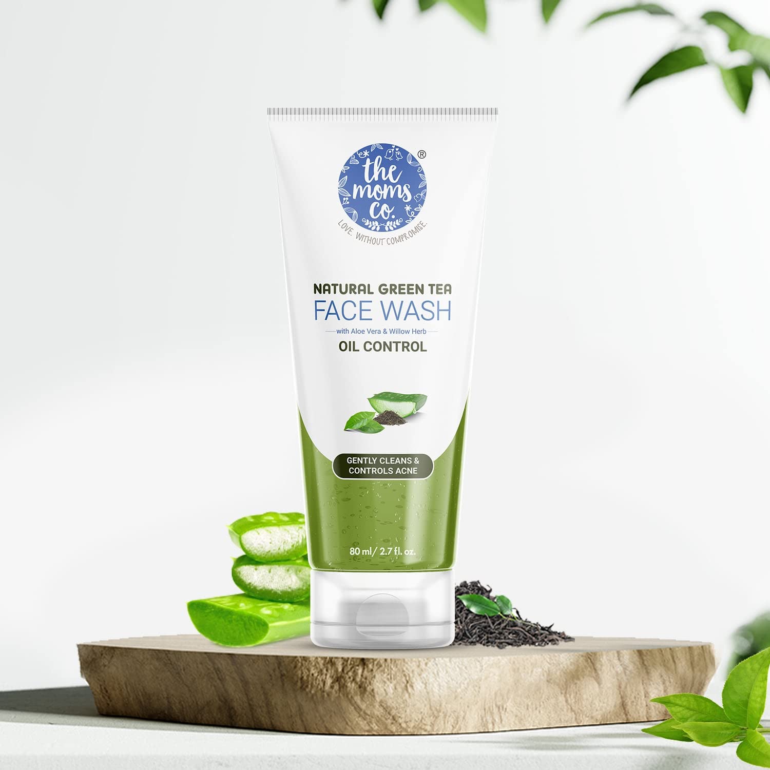 The Moms Co. Natural Green Tea Face Wash with Aloe Vera & Niacinamide - Anti Acne Cleanser for Oily Skin | Soap-Free Gel Formula | Hydrates & Soothes Skin | 80ml | Perfect for Daily Skincare & Acne-Prone Skin