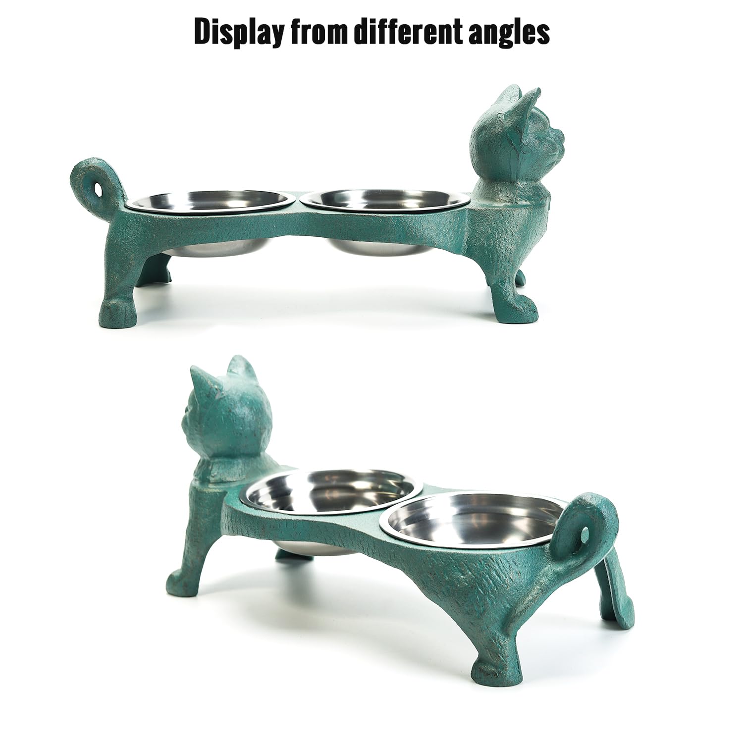 Sungmor Raised Cat Bowls - Heavy Duty Non-Slip Cast Iron Stand with 2 Stainless Steel Pet Food & Water Dishes - Elevated Feeder for Cats & Small Dogs - Perfect for Home, Kitchen, or Outdoor Use - 15.2x6.7x5.9 Inch