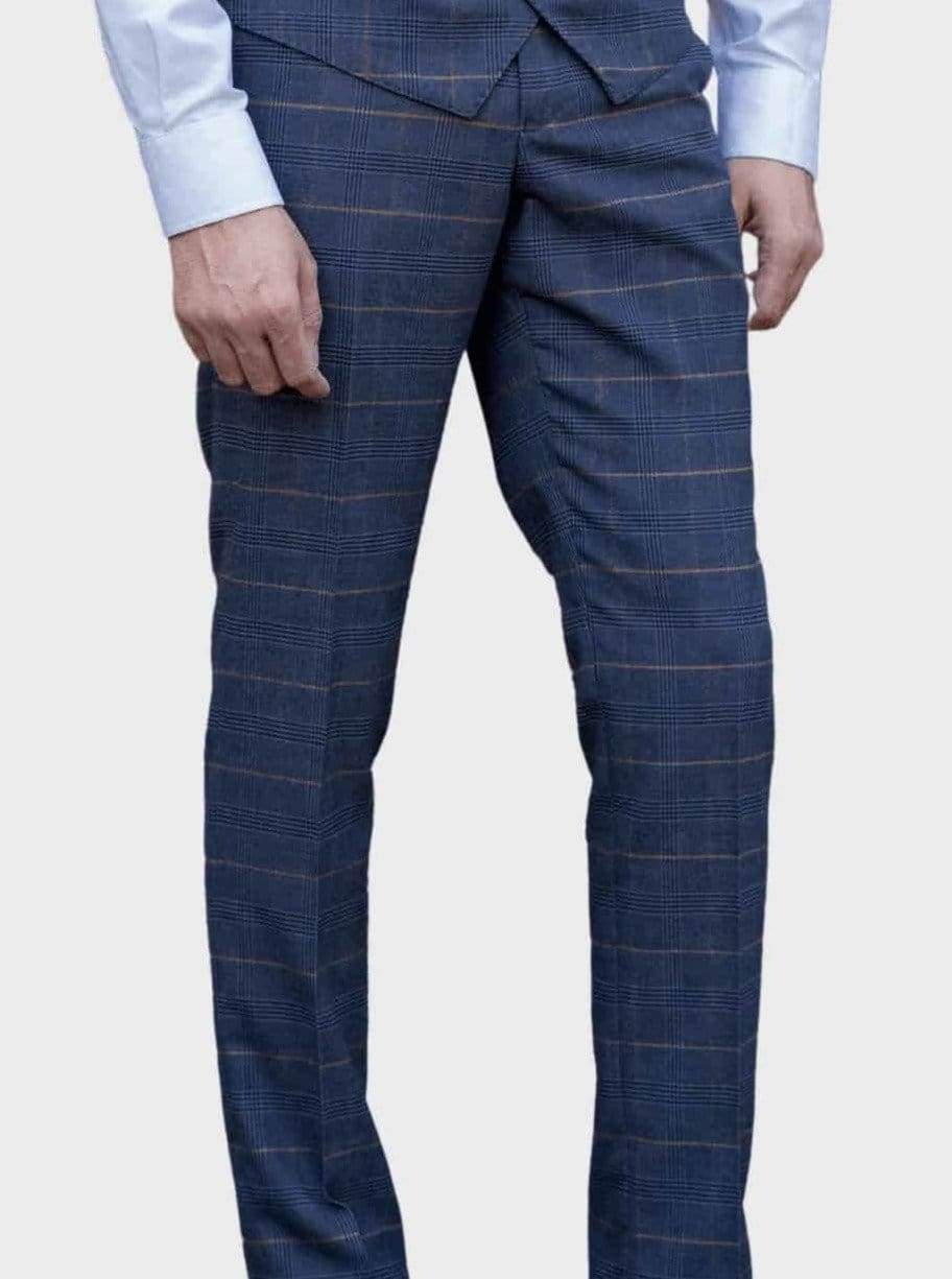 Marc Darcy Jenson Slim Fit Navy Check Trousers for Men | Classic Marine Blue Checkered Dress Pants for Office, Business & Casual Wear