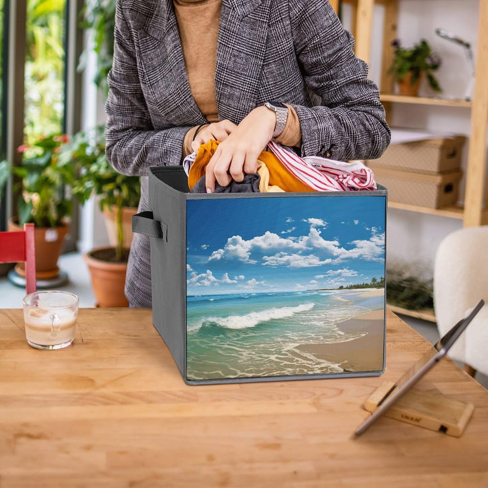 2PCS Foldable Storage Bins - Sandy Beach Printed Large Capacity Storage Boxes with Handles for Playroom, Office & Home Organization | Perfect for Toys, Books, Clothes & Household Items Storage