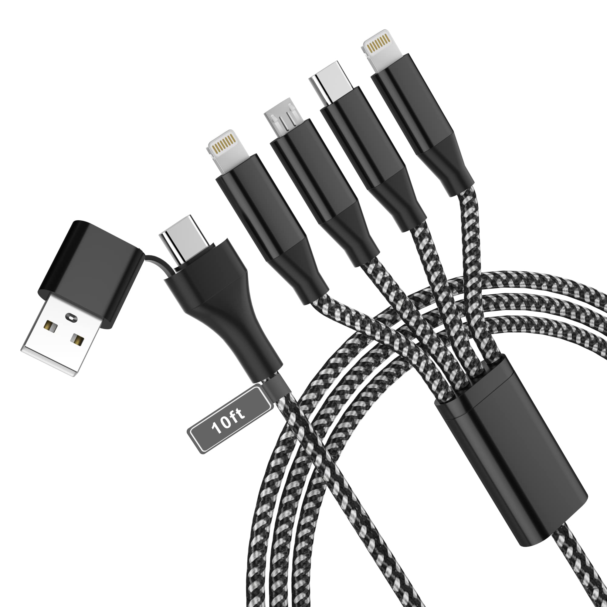 4-in-1 USB C Multi Charger Cable with Fast Charging | 3M/10Ft MFi Certified | USB A/USB C to Micro USB + Type C + 2 Lightning | Universal Charging for iPhone, Android, Tablets | Perfect for Home, Office & Travel