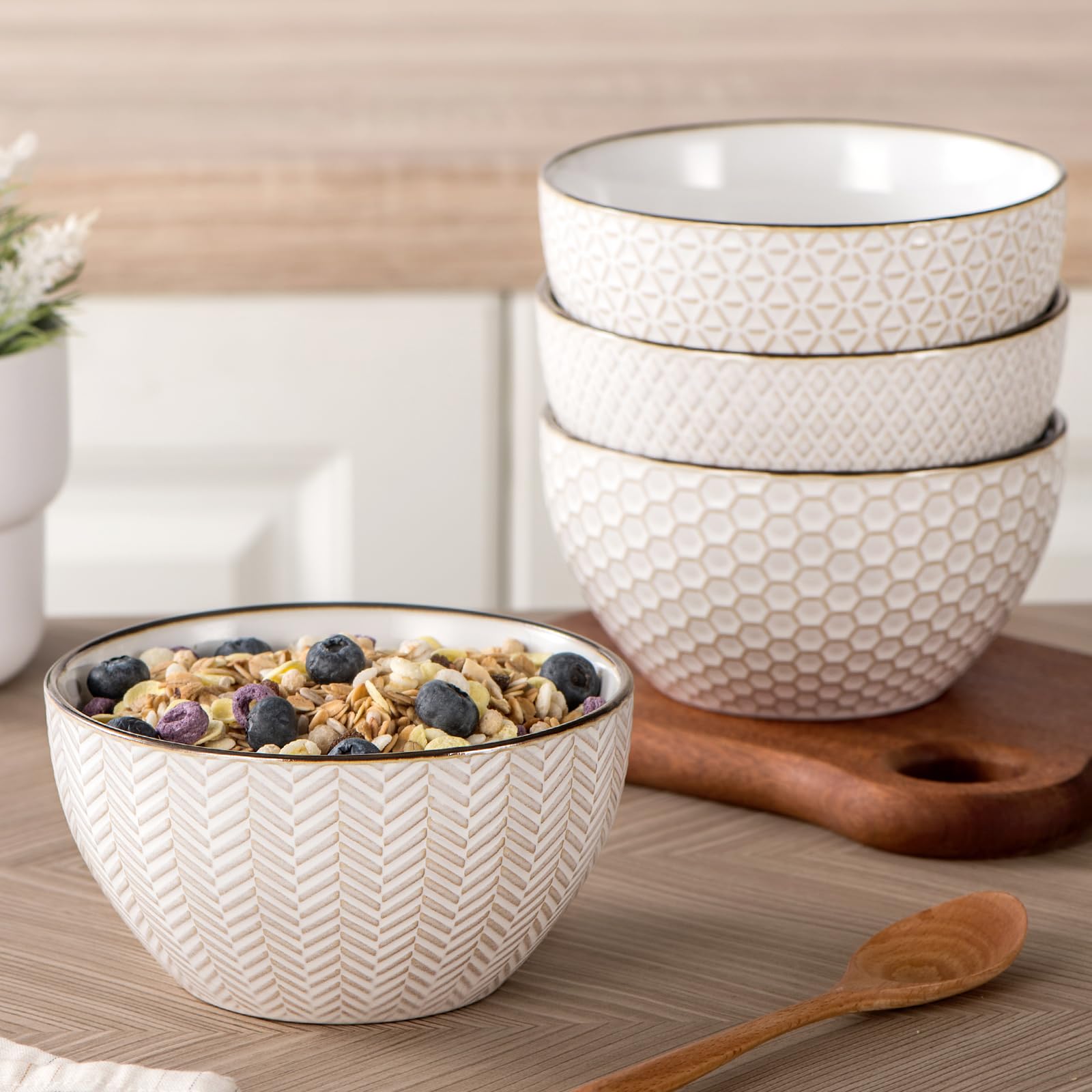 Premium 26oz Ceramic Soup Bowls Set of 4 - Stoneware Cereal & Rice Bowls for Oatmeal, Salad, Dessert - Microwave, Dishwasher & Oven Safe White Embossed Kitchenware - Perfect for Family Dinners & Entertaining Guests