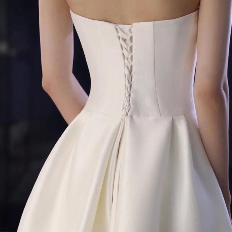 Elegant French Style Strapless Wedding Dress - Satin White Long Prom Gown for Brides & Formal Events - Perfect for Weddings, Proms, and Evening Galas