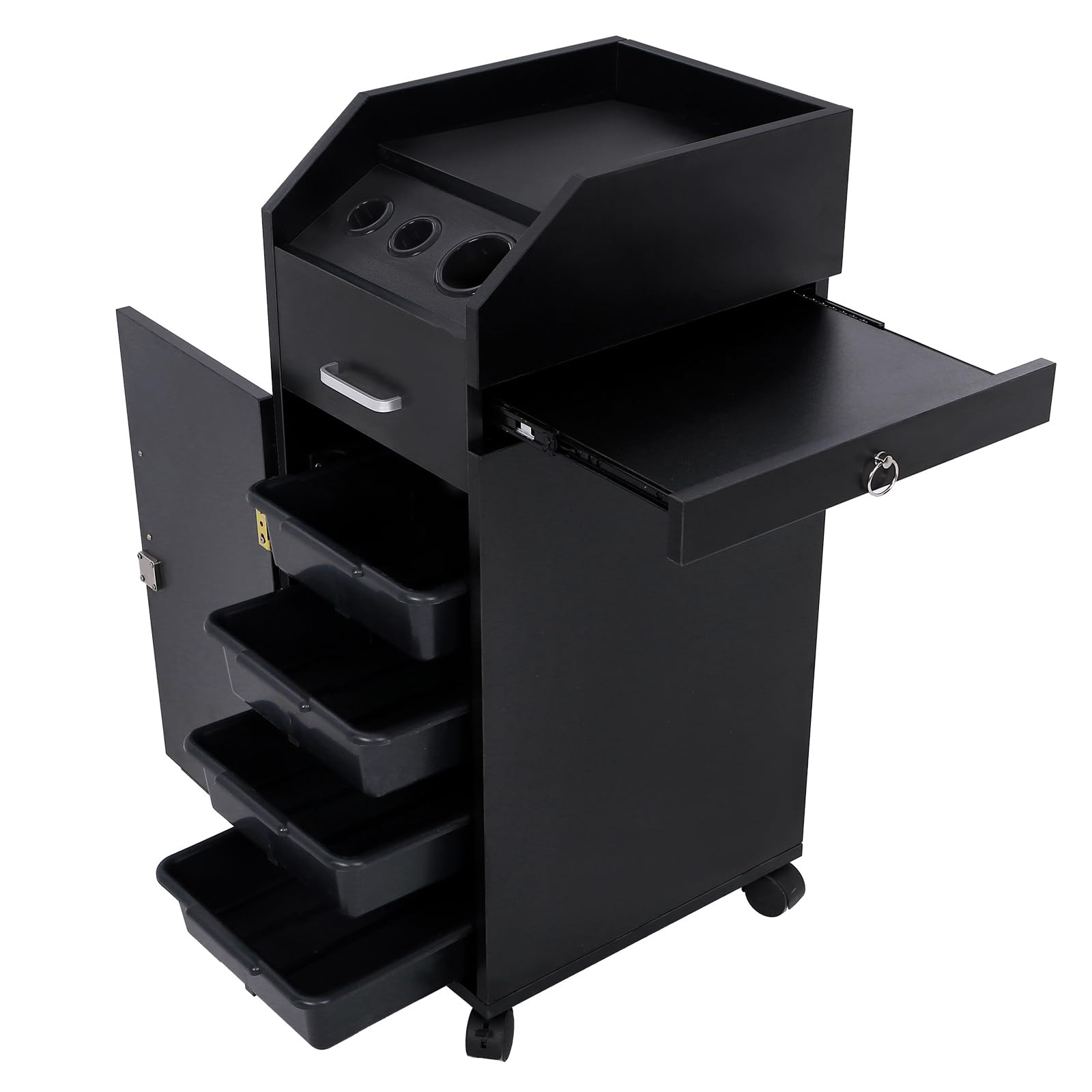 Professional Hair Salon Storage Cart with Wheels - 3 Hair Dryer Holders, 4 Lockable Drawers with 2 Keys - Mobile Hairdressing Station & SPA Utility Trolley (Black) - Perfect for Salon Organization, Stylist Workstations & Mobile Beauty Services