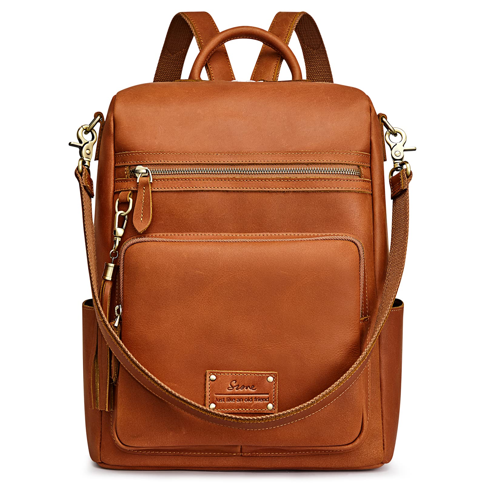 Genuine Leather Women's Backpack Purse - Vintage Fashion Shoulder Bag with Tassel & Luggage Sleeve - Travel Rucksack Daypack for Work, College & Weekend Outings - Cognac Brown