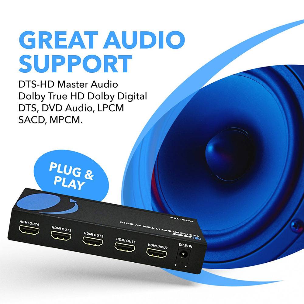1x4 HDMI Splitter with Power Adapter - 1 Input 4 Output, EDID Support (HDS 104) for Home Theater, Gaming & Multi-Screen Presentations