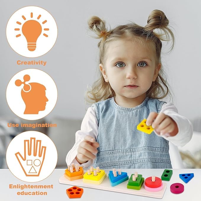 Montessori Wooden Stacking Toys for Toddlers - Safe Peg-Free Shape Sorter Learning Toys | Educational Preschool Toys for Babies & Kids | Perfect Birthday Gift for Various Game Play & Early Childhood Development | Ideal for Home, Classroom & Daycare Activities