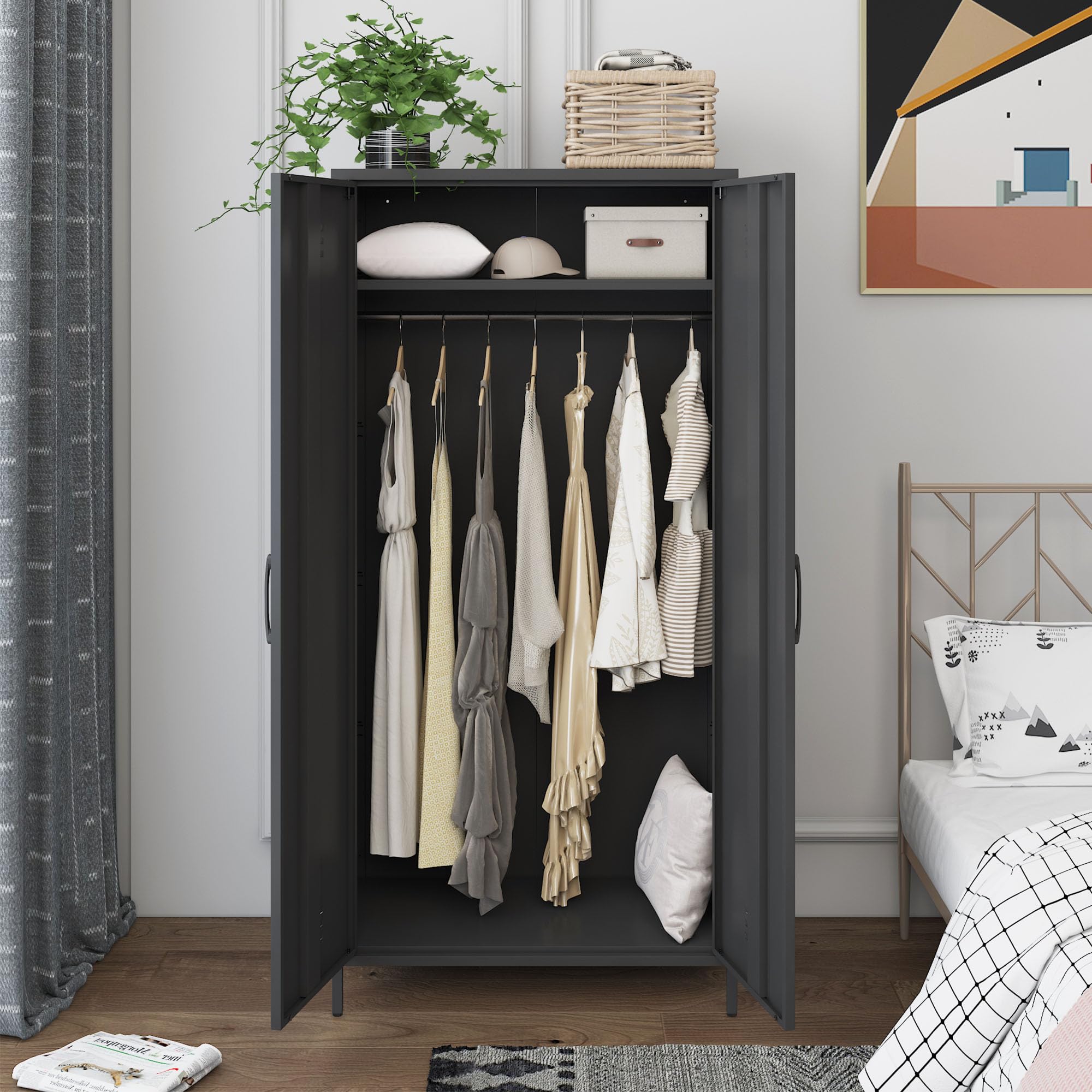 MIOCASA Black Metal Armoire Wardrobe Closet - 2-Door Steel Storage Cabinet with Shelf for Bedroom & Living Room Organization | Perfect for Clothes, Linens, and Home Storage Solutions
