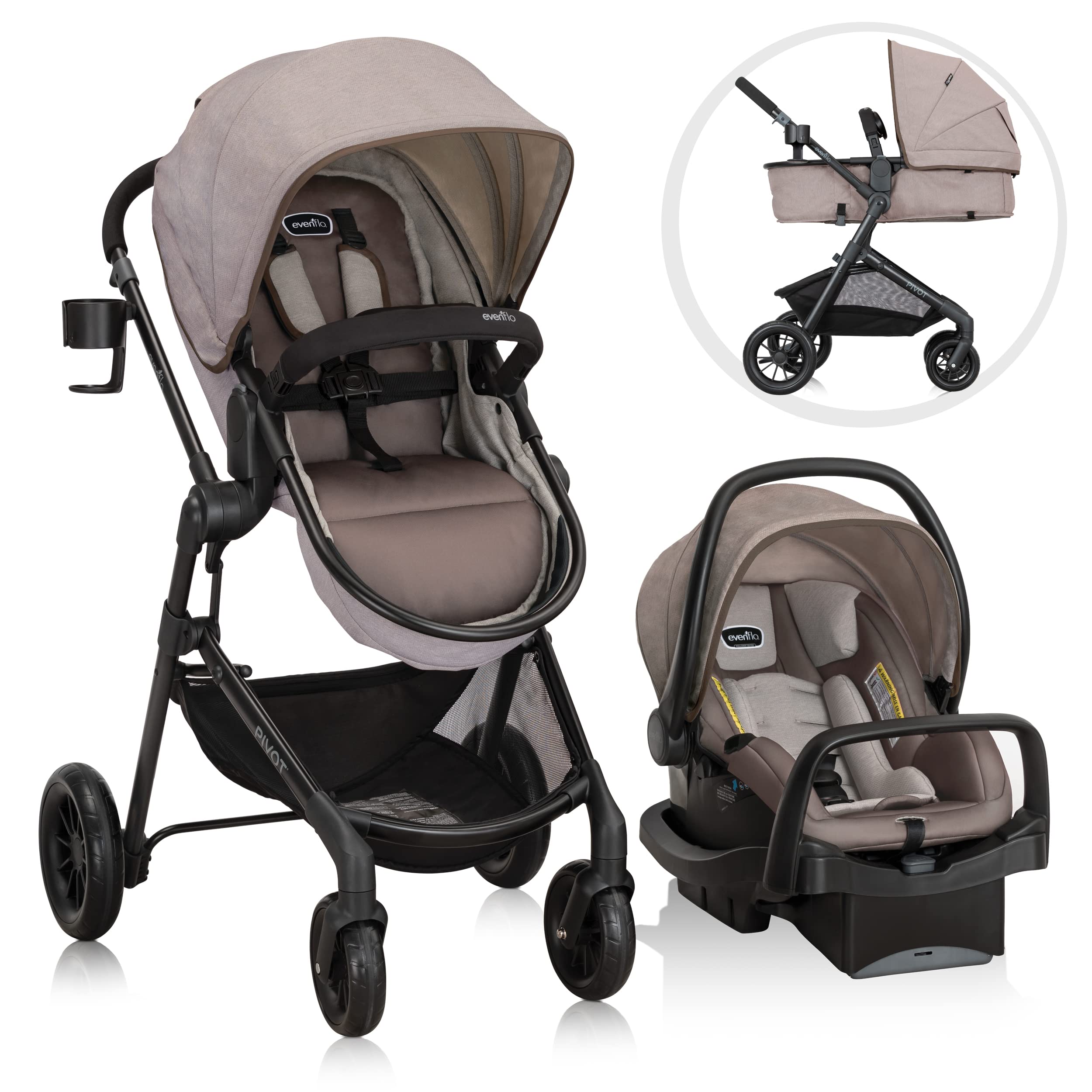 Evenflo Pivot Modular Travel System with LiteMax Infant Car Seat - Desert Tan | Lightweight Stroller & Safe Car Seat Combo for Newborns | Perfect for Travel, Shopping & Daily Outings with Baby