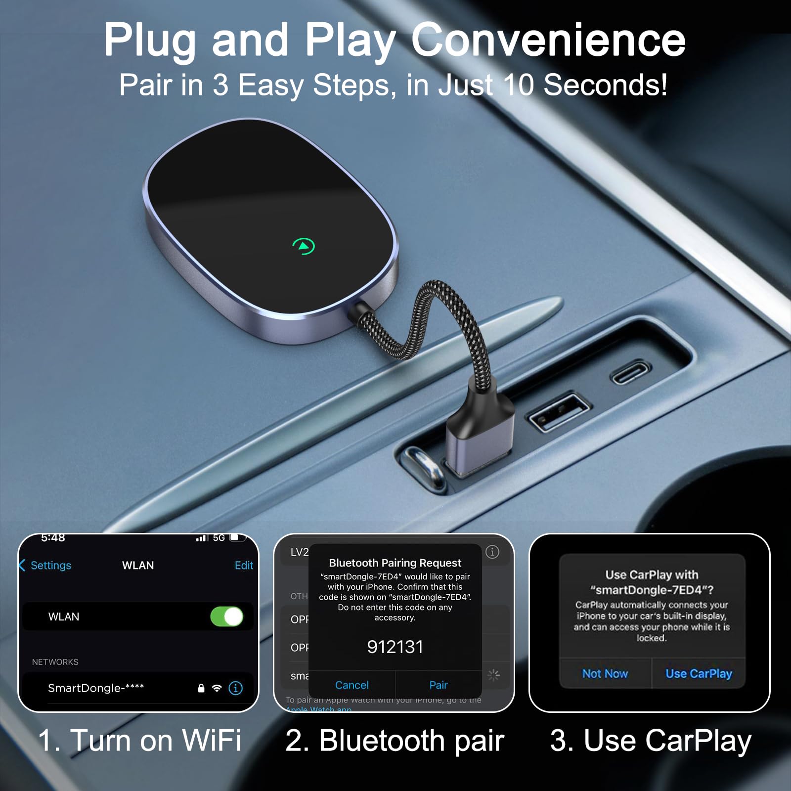 2024 Wireless CarPlay Adapter - Plug & Play Upgrade for Factory Wired CarPlay | Converts Wired to Wireless Fast & Easy | Compatible with 2015+ Cars & iPhone iOS 10+ | Perfect for Commuting, Road Trips & Hands-Free Driving