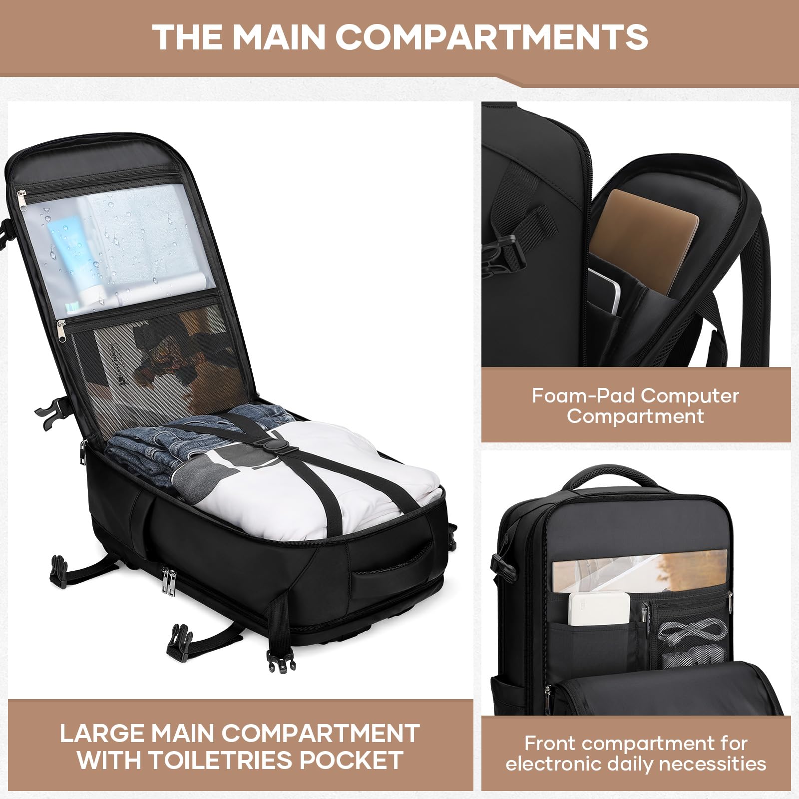 Maelstrom 35L Waterproof Travel Backpack for Men & Women - Carry On Laptop Backpack with Belt Bag & Shoe Compartment, Fits 17” Laptop - Pure Black, Large - Ideal for Airplane Travel, Hiking & Daily Commute