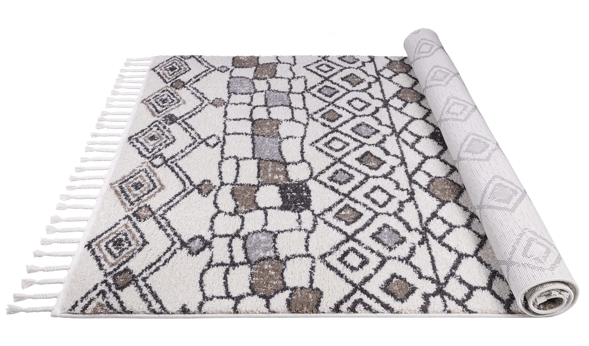 Bohemian Moroccan Tribal Area Rugs for Living Room - Navajo Ivory & Grey Mocha Black 7'8