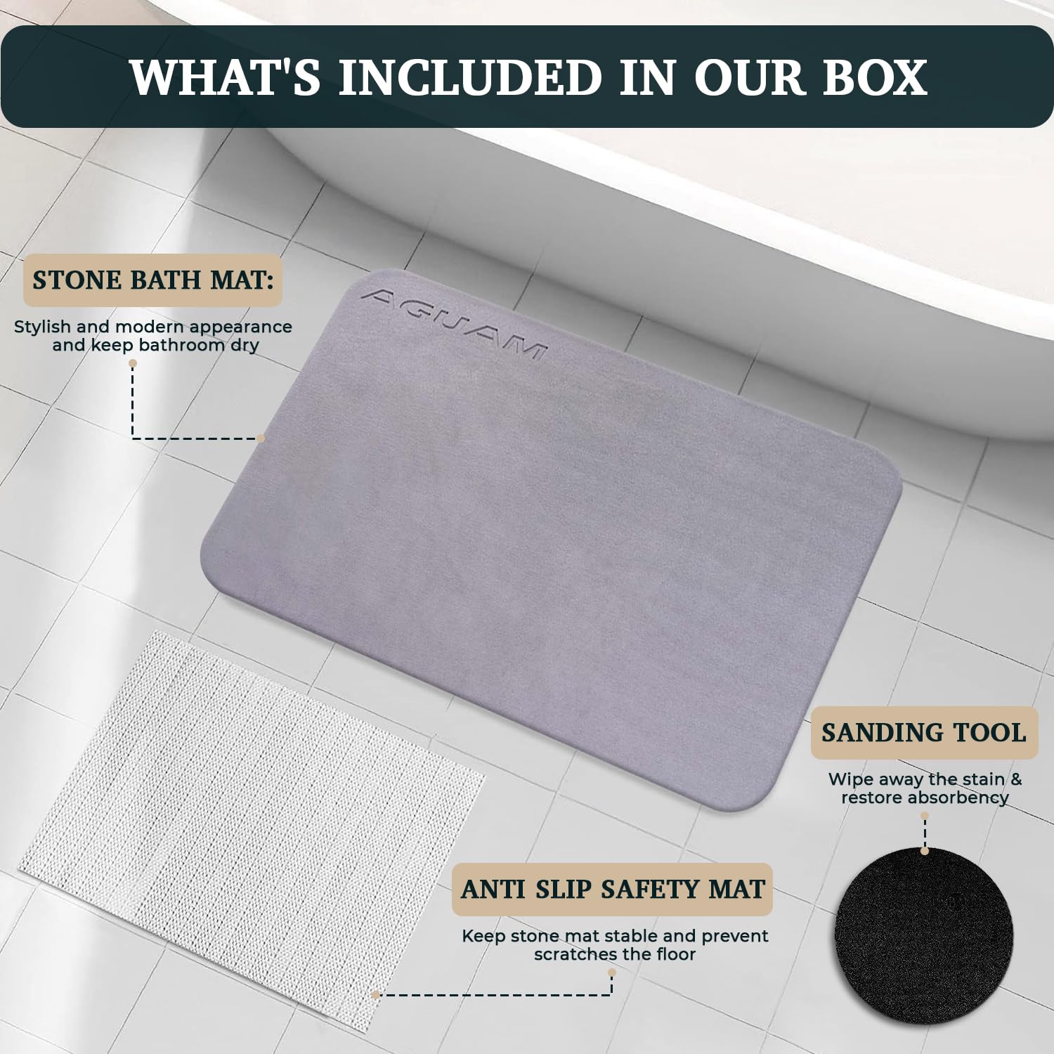 Premium Diatomaceous Earth Stone Bath Mat - Non-Slip, Fast-Drying Shower Mat for Bathroom & Kitchen | Washable, Absorbent Floor Mat (18