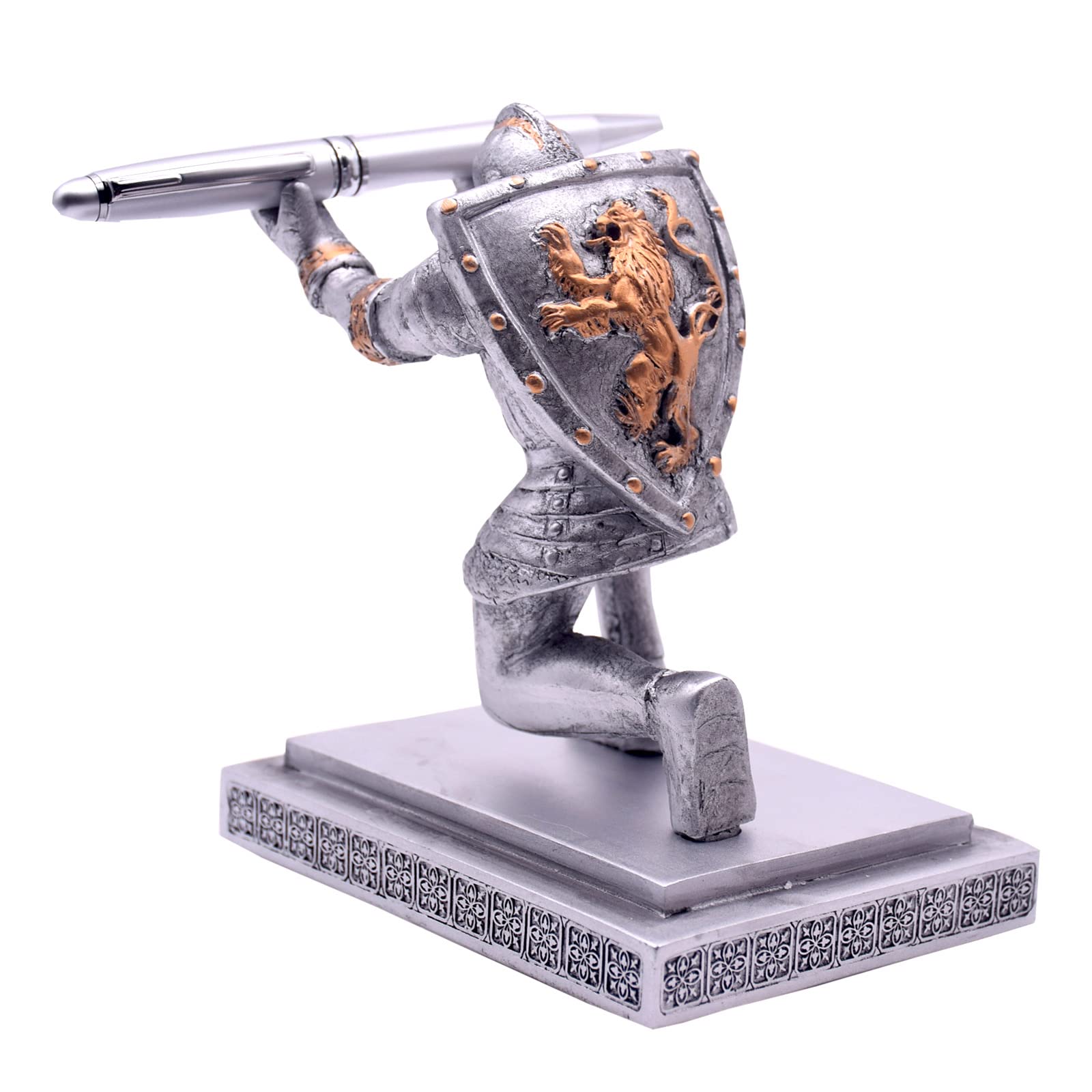 Knight Pen Holder - Medieval Shield Soldier Themed Silver Desk Organizer & Pencil Holder for Office, Study, and Gaming Setup