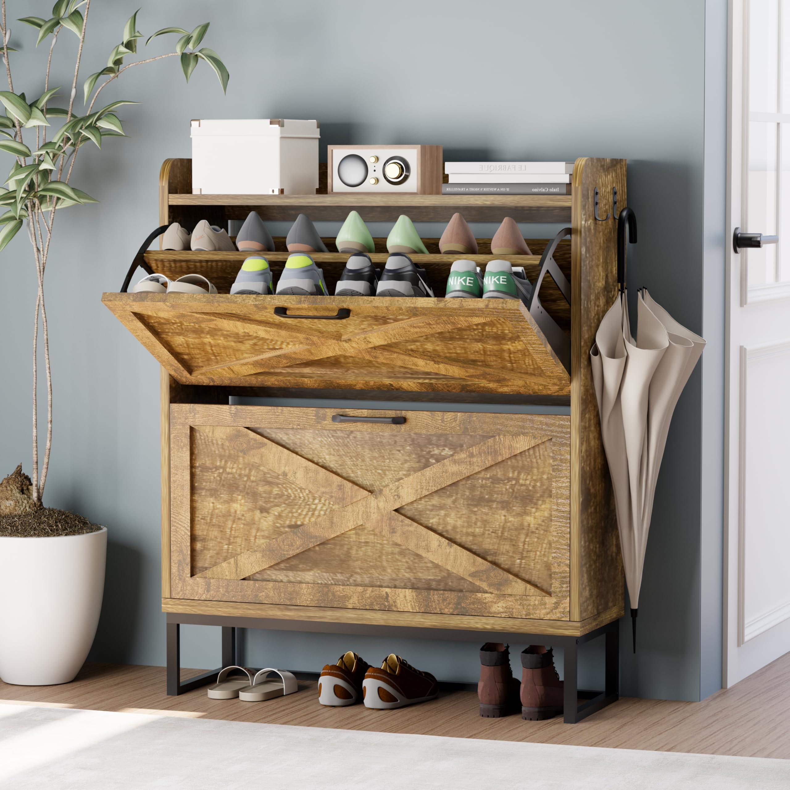 Slim Shoe Cabinet for Entryway - 2 Flip Drawers Shoe Organizer with Hidden Storage & Metal Legs, Farmhouse Free Standing Shoe Rack Cabinet in Rustic Brown - Perfect for Small Spaces, Apartments and Home Organization