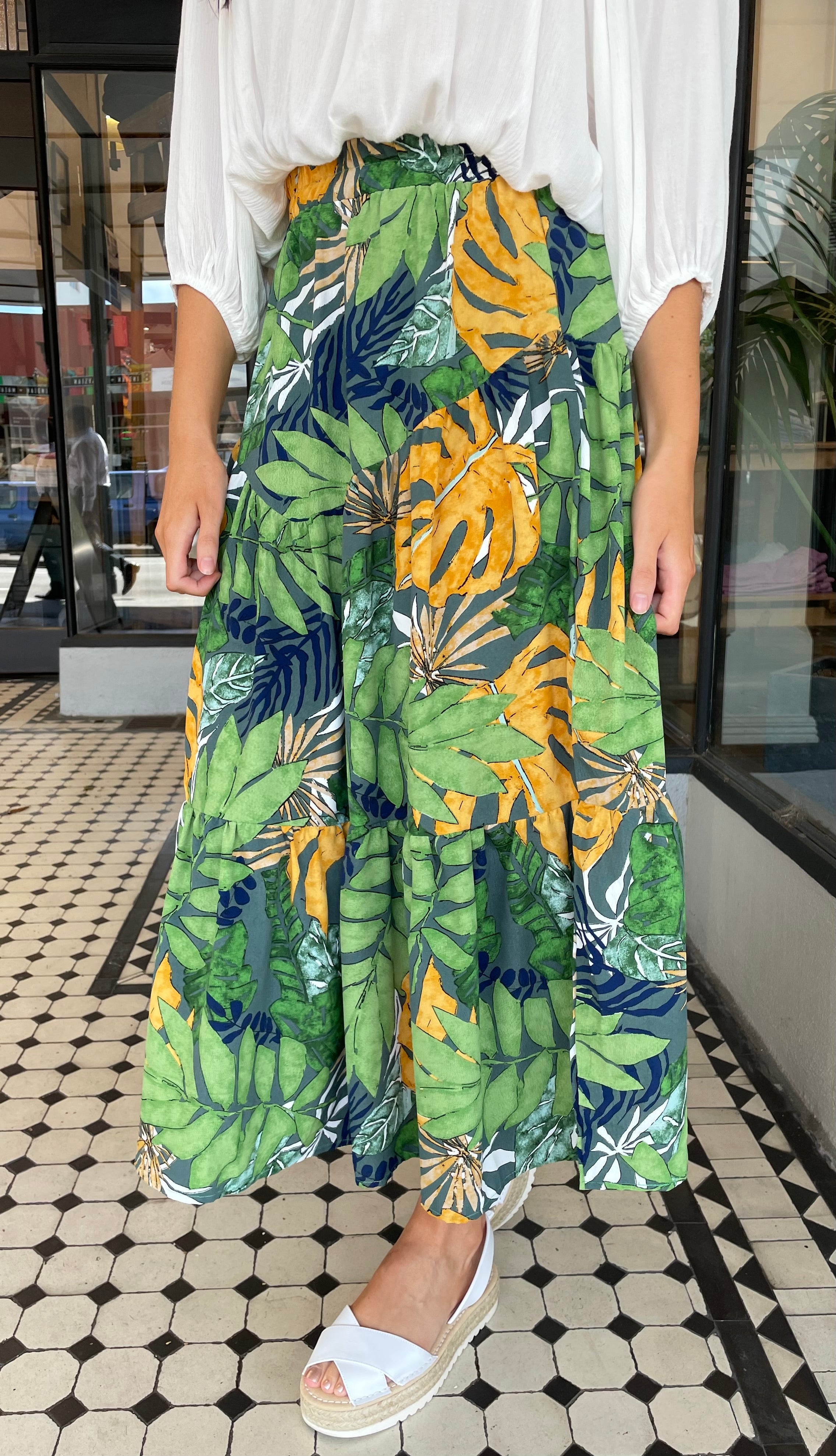 Tropical Leaf Print Midi Skirt for Women - Flowy Summer Beach Skirt with Side Slits | Perfect for Vacation, Boho Outfits & Casual Wear