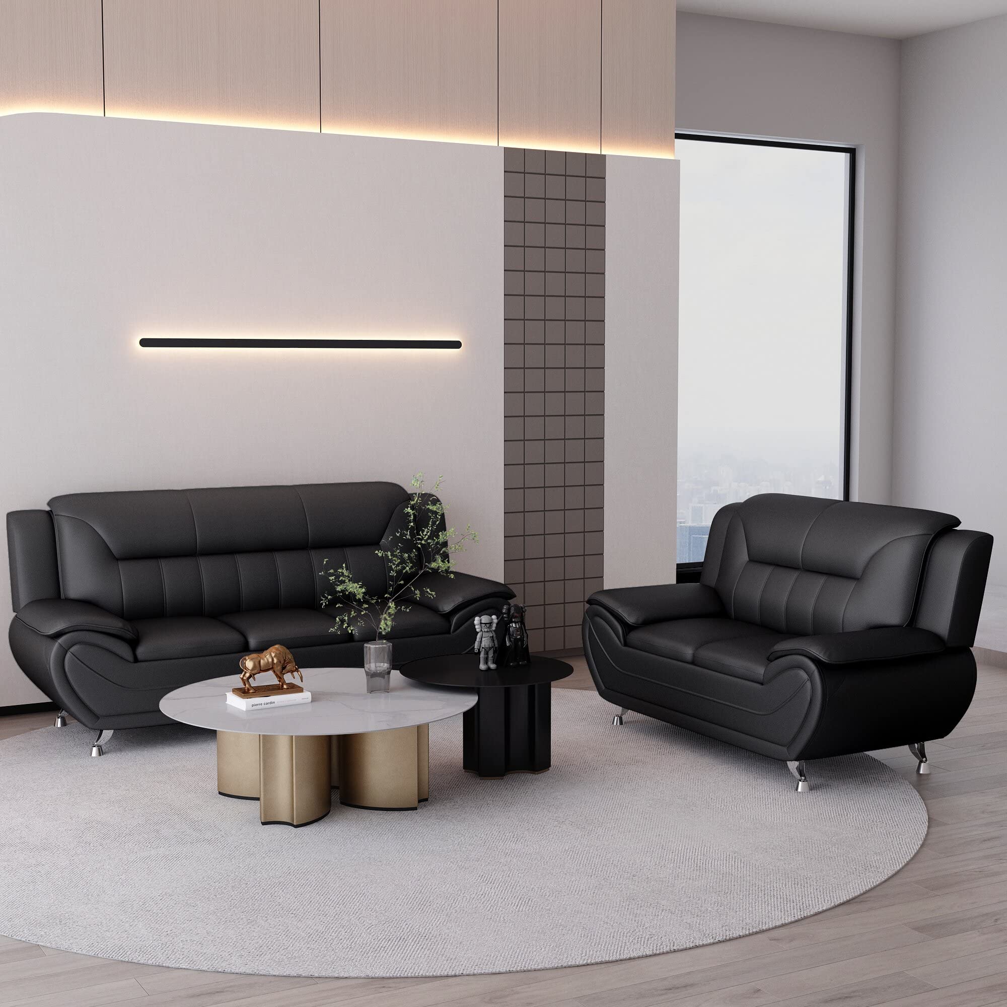 Michael Modern Faux Leather Upholstered Sofa with Stainless Steel Legs - Loveseat & Living Room Couch in Midnight Black | Perfect for Small Spaces, Apartments & Contemporary Home Decor