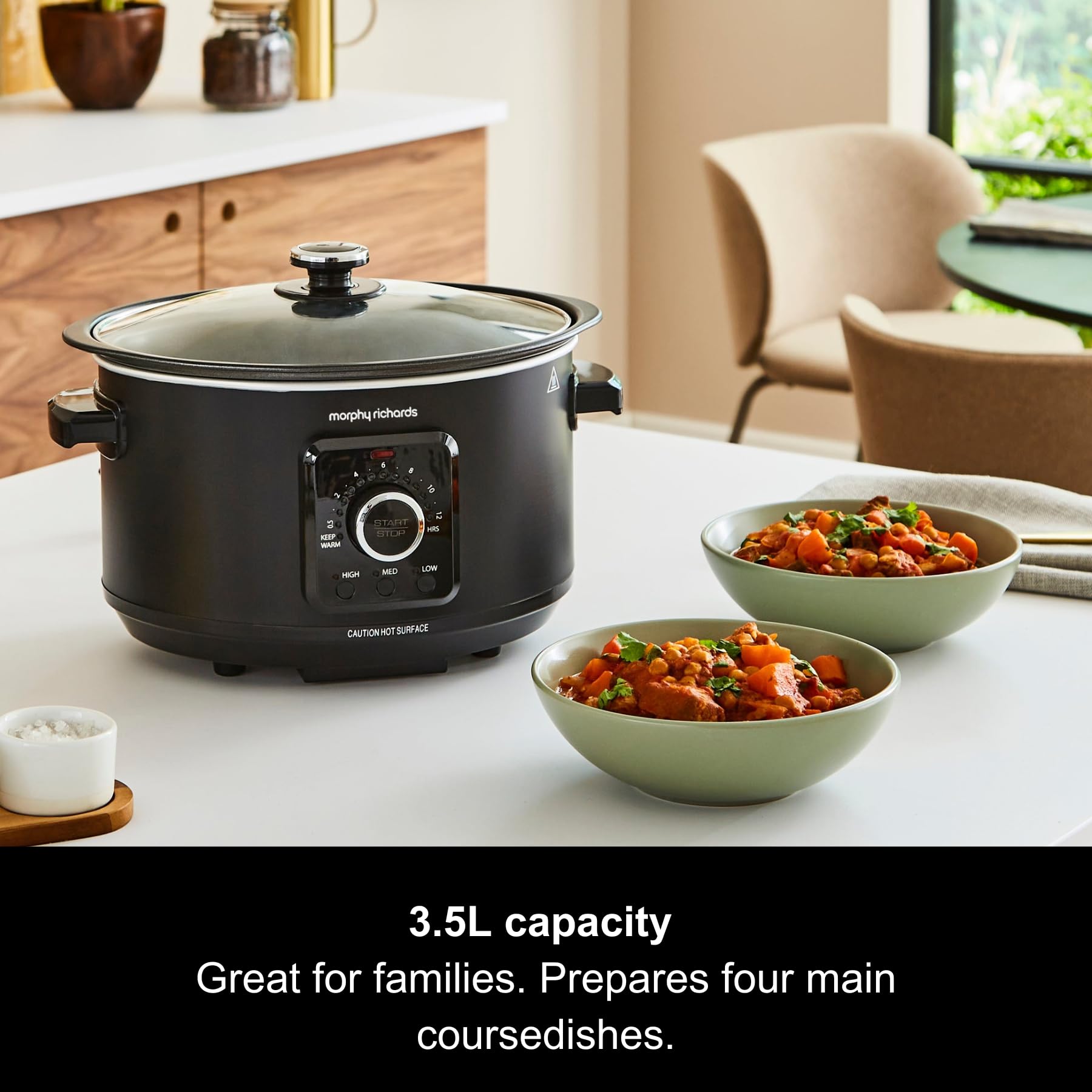 Morphy Richards 3.5L Slow Cooker with Automatic Heat Settings & Keep Warm Function - Hob Proof, Dishwasher Safe Pot, Countdown Timer - Matte Black (460021) - Perfect for Family Dinners, Meal Prep & Party Buffets