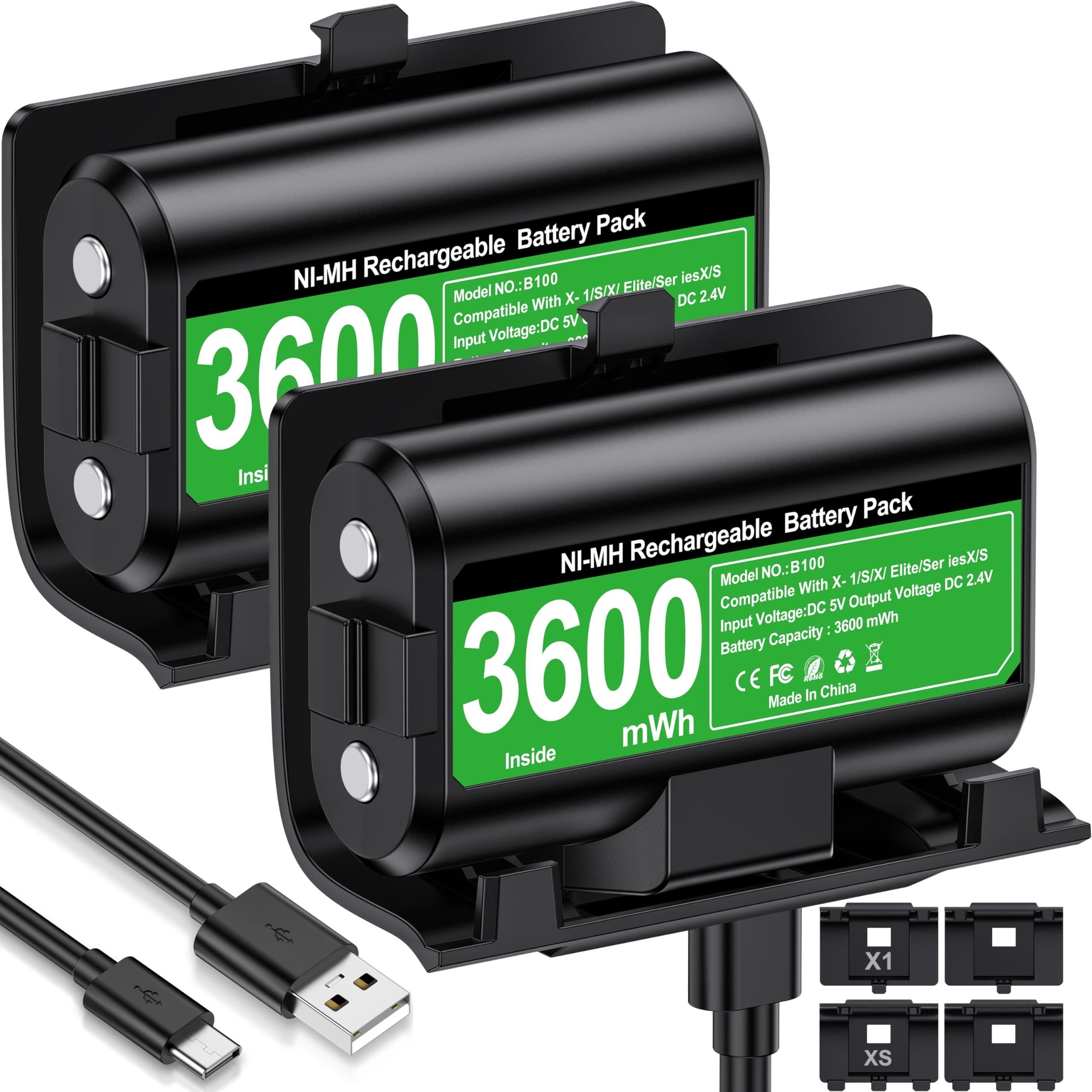 Rechargeable Xbox One Controller Battery Pack with 4 Back Covers & USB-C Charging Cable - 2x 3600mWh Battery for Xbox Series X/S - Play While Charging Kit for Gaming, Streaming & Long Sessions