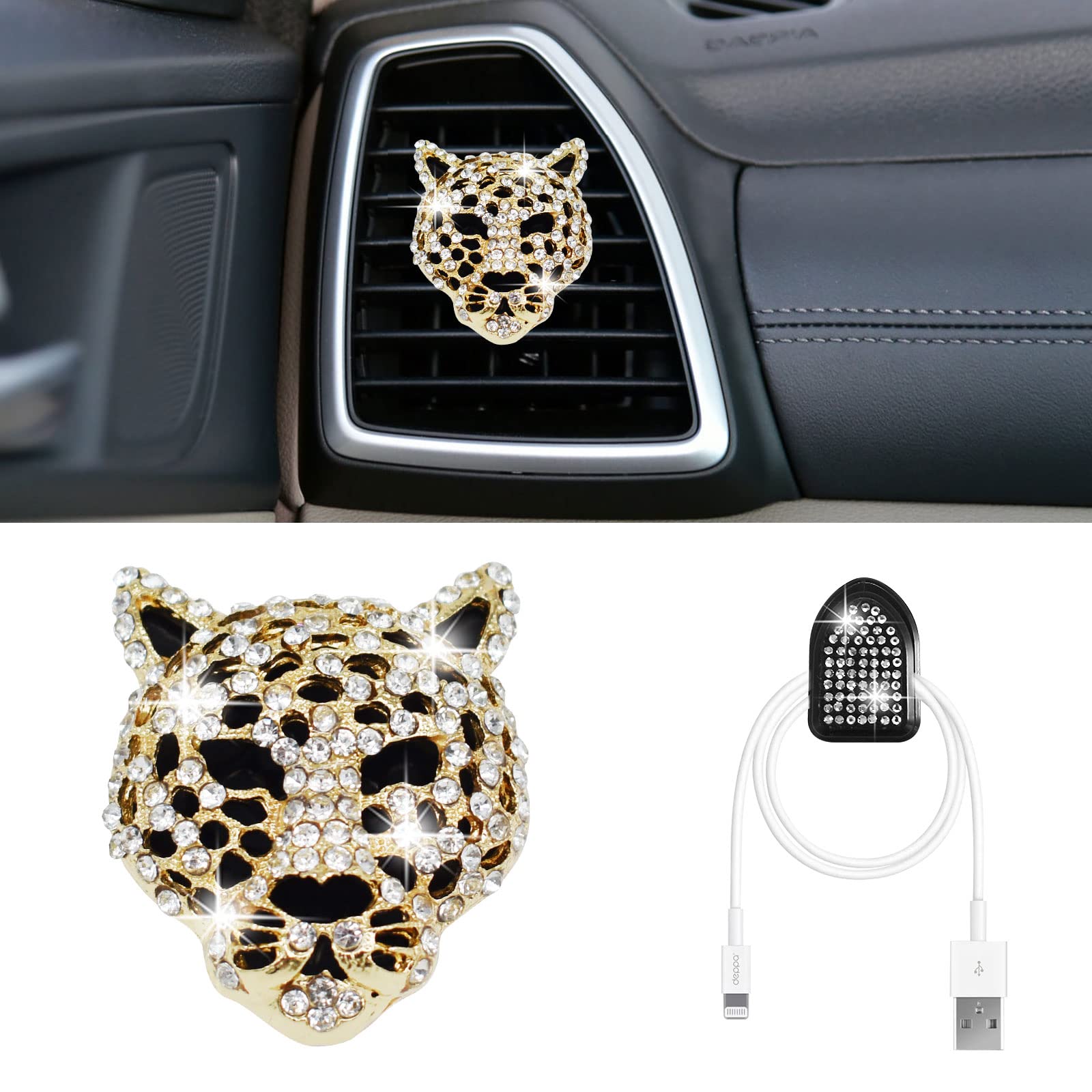 Crystal Leopard Car Air Freshener Vent Clips - Rhinestone Bling Car Diffuser & Interior Decor Accessories for Women (Golden) | Perfect for Sedans, SUVs & Office Spaces