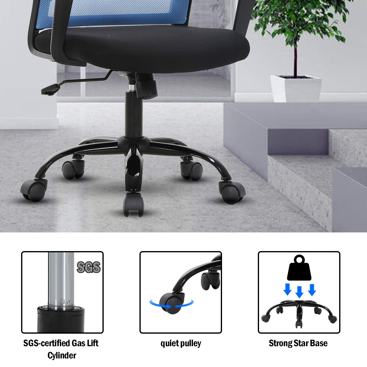 Ergonomic Office Chair - Adjustable Height Mesh Computer Desk Chair with Lumbar Support & Armrests - Modern Swivel Task Chair for Women & Men - Home Office, Gaming & Workspace (Blue)