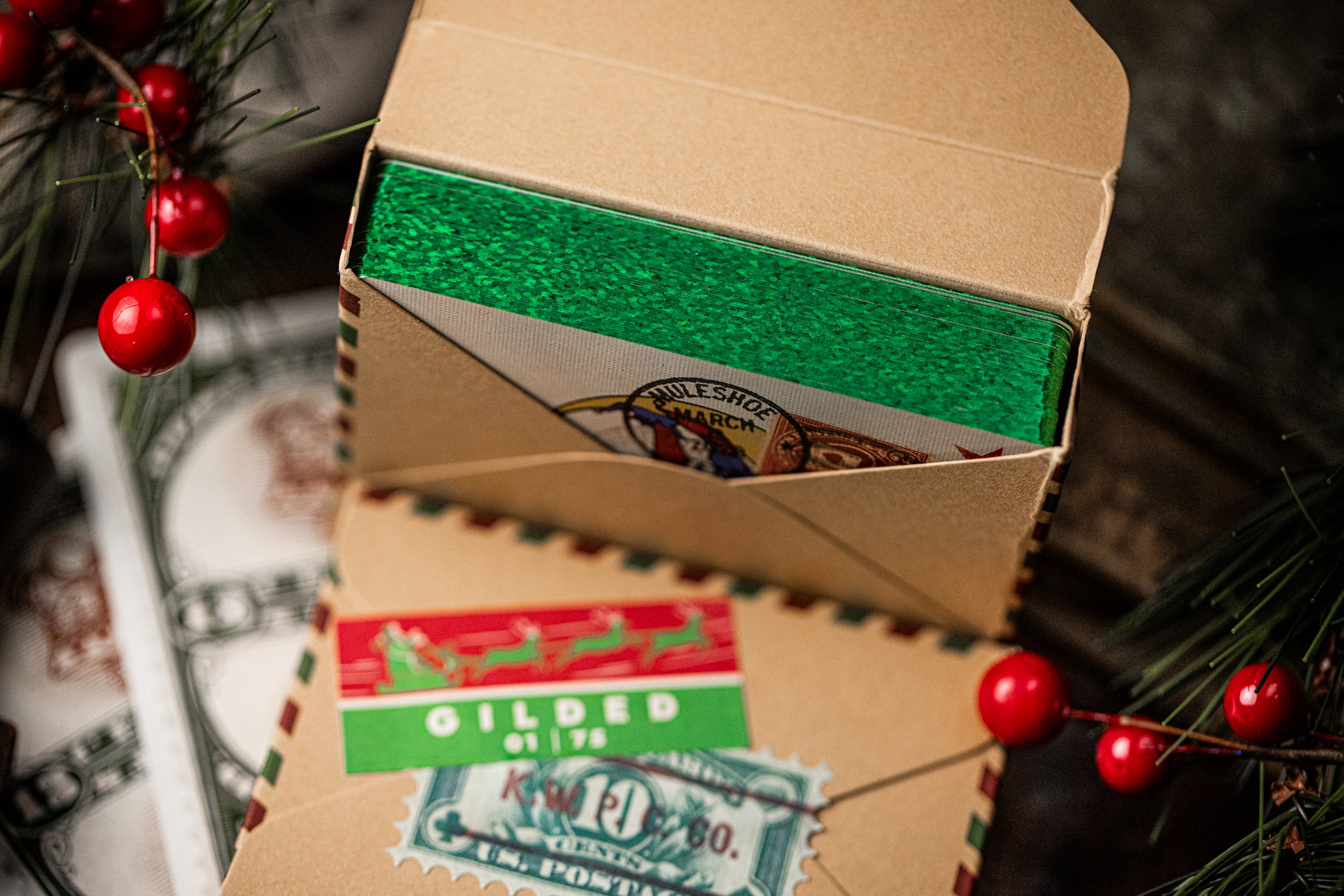 Paid Postage Christmas Cards - Elegant Green Gilded Holiday Greeting Cards for Festive Season Mailing