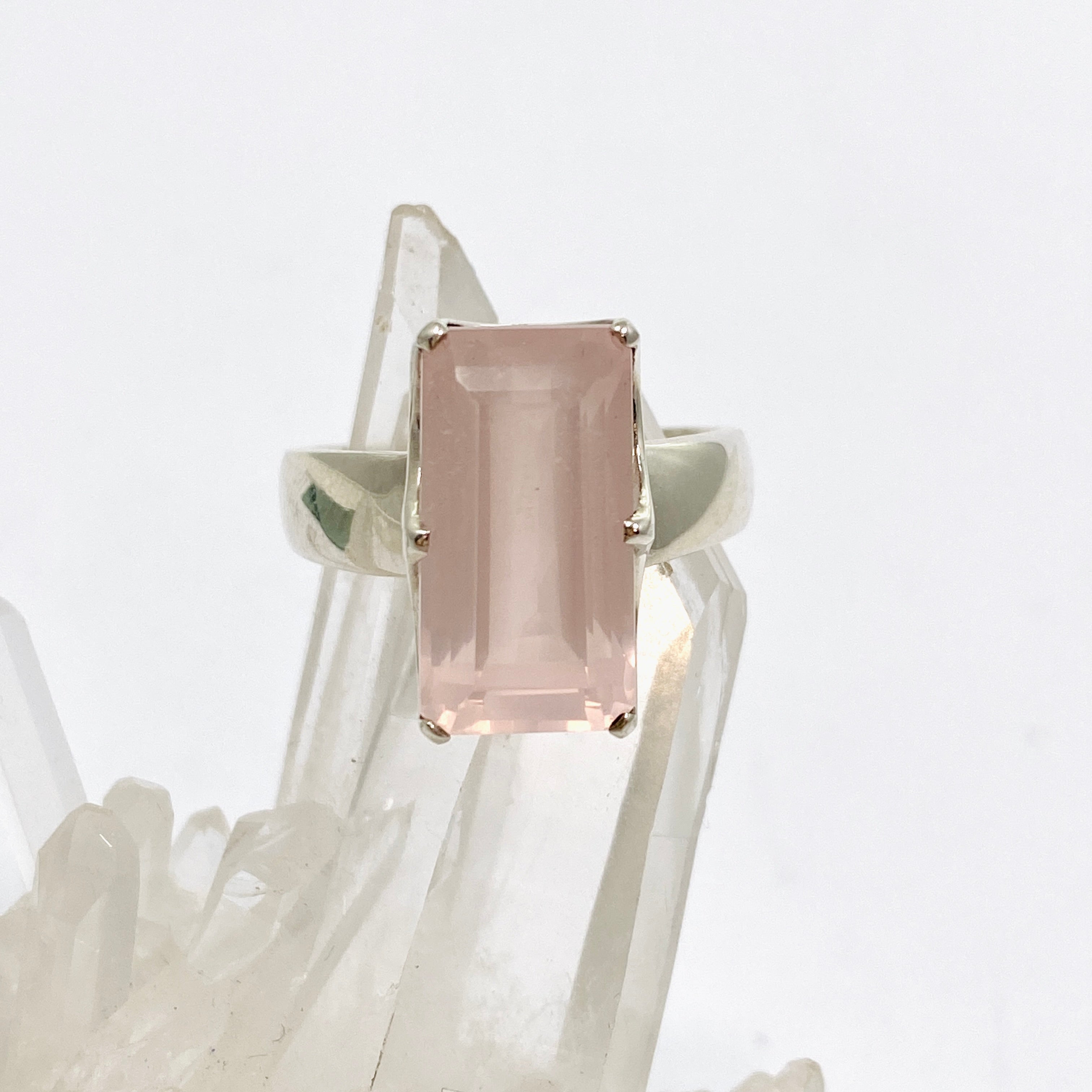 Rose Quartz Rectangular Faceted Ring Size 10.5 - PRGJ877 | Elegant Healing Crystal Jewelry for Women, Gift for Her, Wedding, Anniversary & Special Occasions