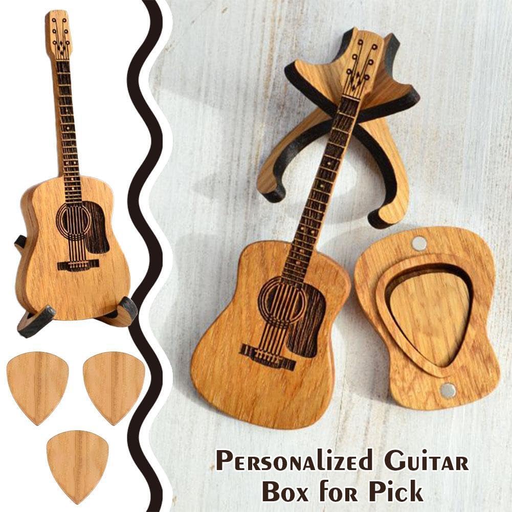 Premium Wooden Guitar Pick Box with Stand - 3 Unique Guitar Picks Included - Engraved Plectrum Holder Case for Acoustic, Electric, Bass & Ukulele - Perfect Gift for Musicians & Music Lovers - Ideal for Home, Studio & Travel Use