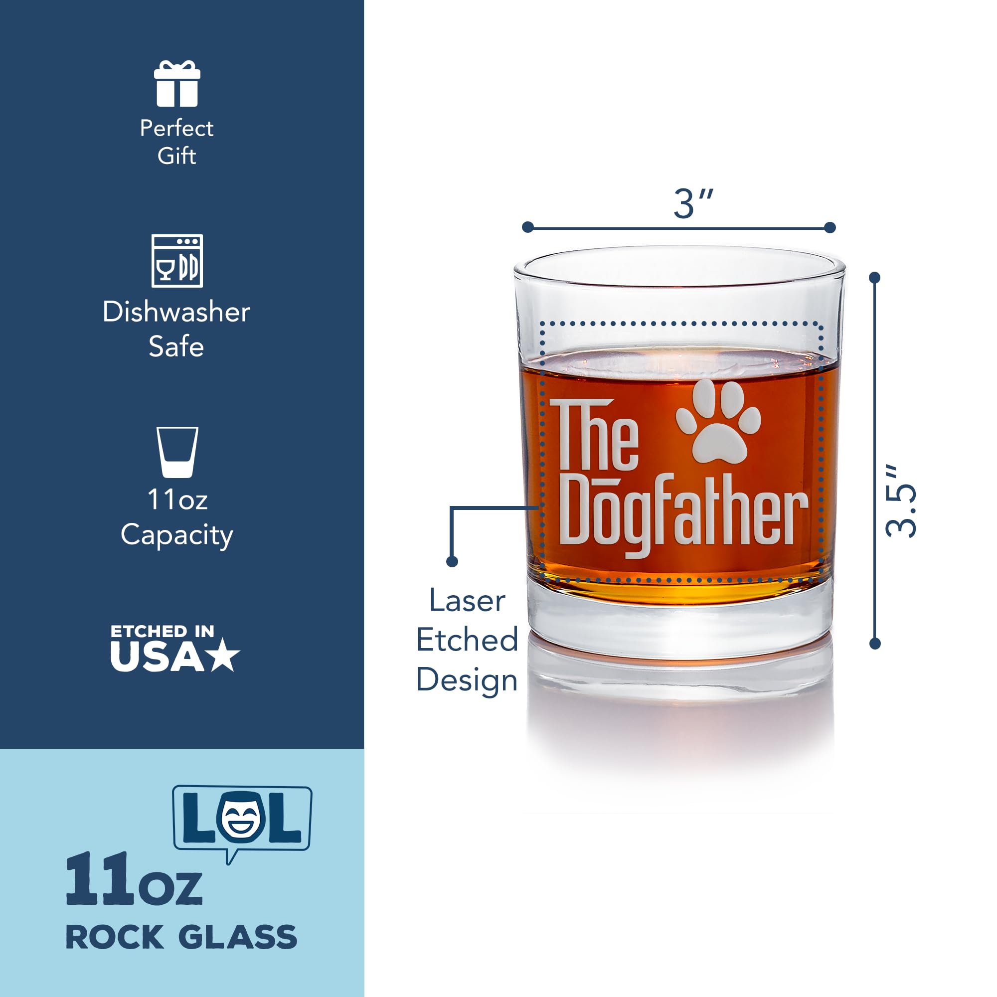 The Dogfather Whiskey Glass - Best Gift for Dog Dads & Pet Lovers - Engraved Round Rocks Glass for Bourbon, Scotch, Cocktails - Perfect for Father's Day, Birthday & Dog-Themed Parties