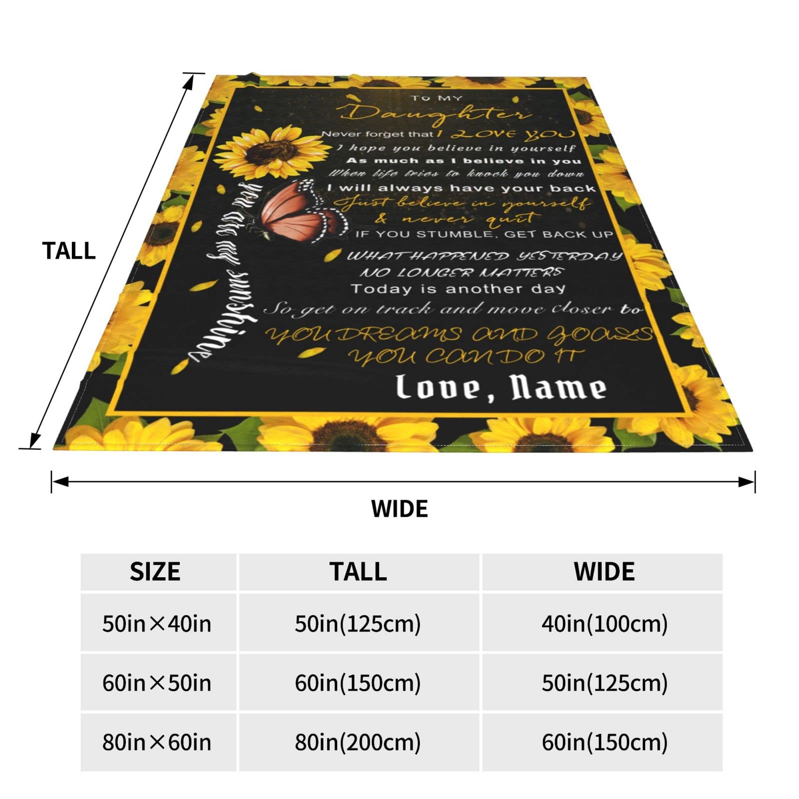 Personalized Custom Name Blanket - Love Letter to My Daughter from Dad & Mom - Butterfly Sunflower Design - 40x50 Inches Soft Fleece Throw Blanket - Perfect for Bed, Couch, Nursery & Gift Giving