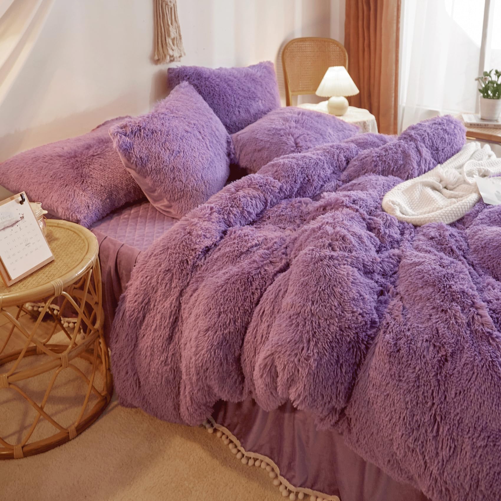 Soft Fluffy Purple Comforter Cover Set Queen Size - 3 Piece Plush Bedding Set (1 Faux Fur Duvet Cover + 2 Shaggy Pillowcases) - Cozy Winter Bedroom Decor for Girls & Women