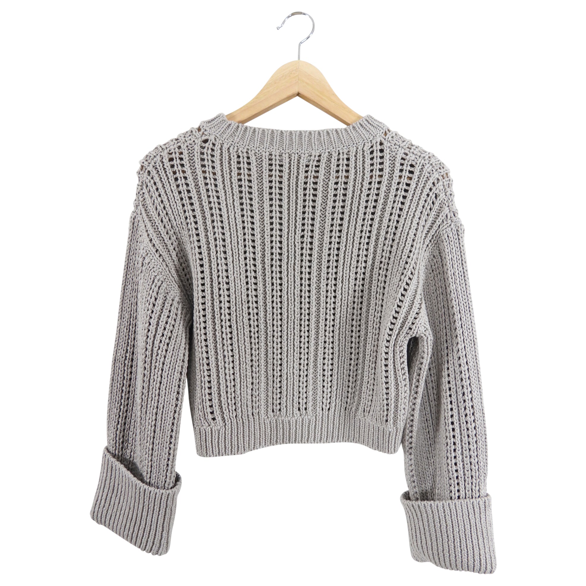 Brunello Cucinelli Grey Crop Knit Sweater with Cuffed Sleeves for Women | Soft Cashmere Blend | Winter Fashion & Casual Outfits | Perfect for Office, Dates, and Holiday Gatherings