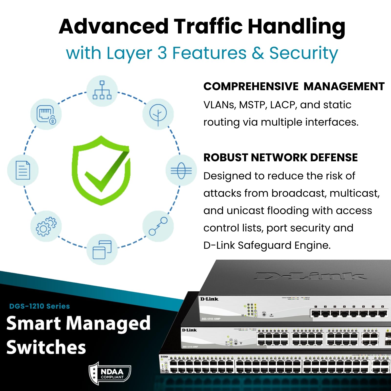 D-Link DGS-1210-10 10-Port Gigabit Smart Managed Switch with 8 GbE & 2 SFP Ports, L2+ Features, VLAN Support, Cable Diagnostics - Web Managed for Home Office, Small Business Network Setup | Desktop/Rackmount | Fanless Design | NDAA Compliant | Lifetime Warranty