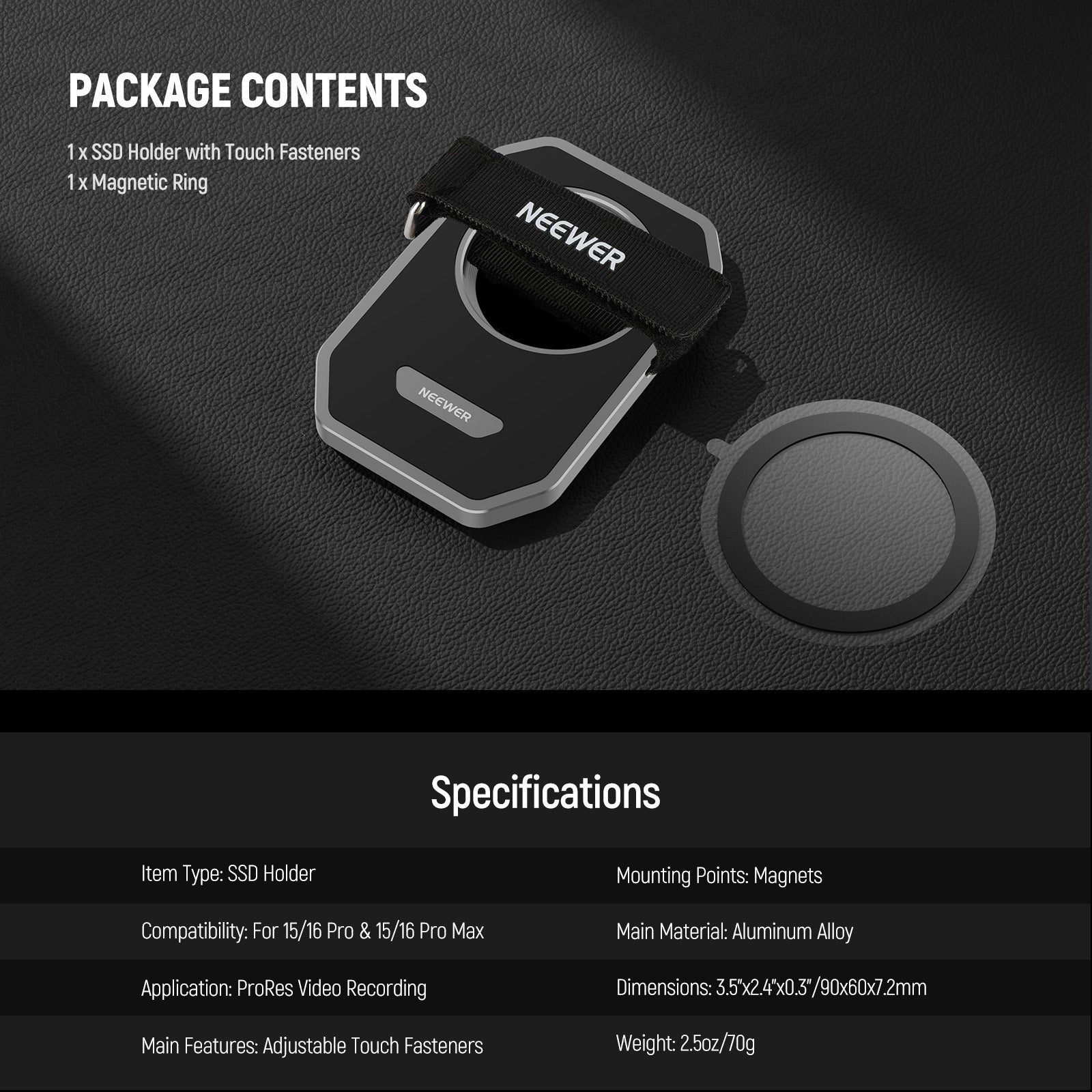 NEEWER PA040 Magnetic SSD Mount with Upgraded Touch Fastener - Compatible with iPhone 15 Pro/Pro Max & iPhone 16 Pro/Pro Max - Secure External Storage Solution for 4K Video Recording & Mobile Editing