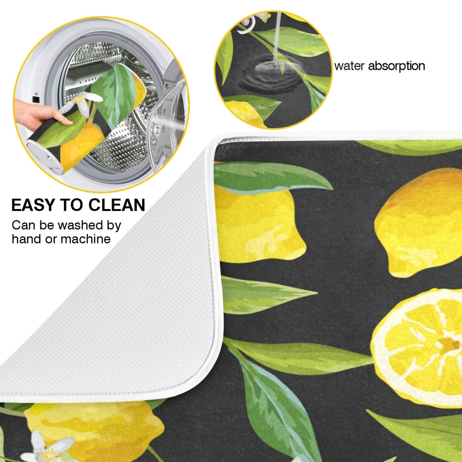 Reversible Absorbent Microfiber Dish Drying Mat - 16x18 Inch Black Lemon Kitchen Counter Decor for Dishes, Utensils, and Cookware