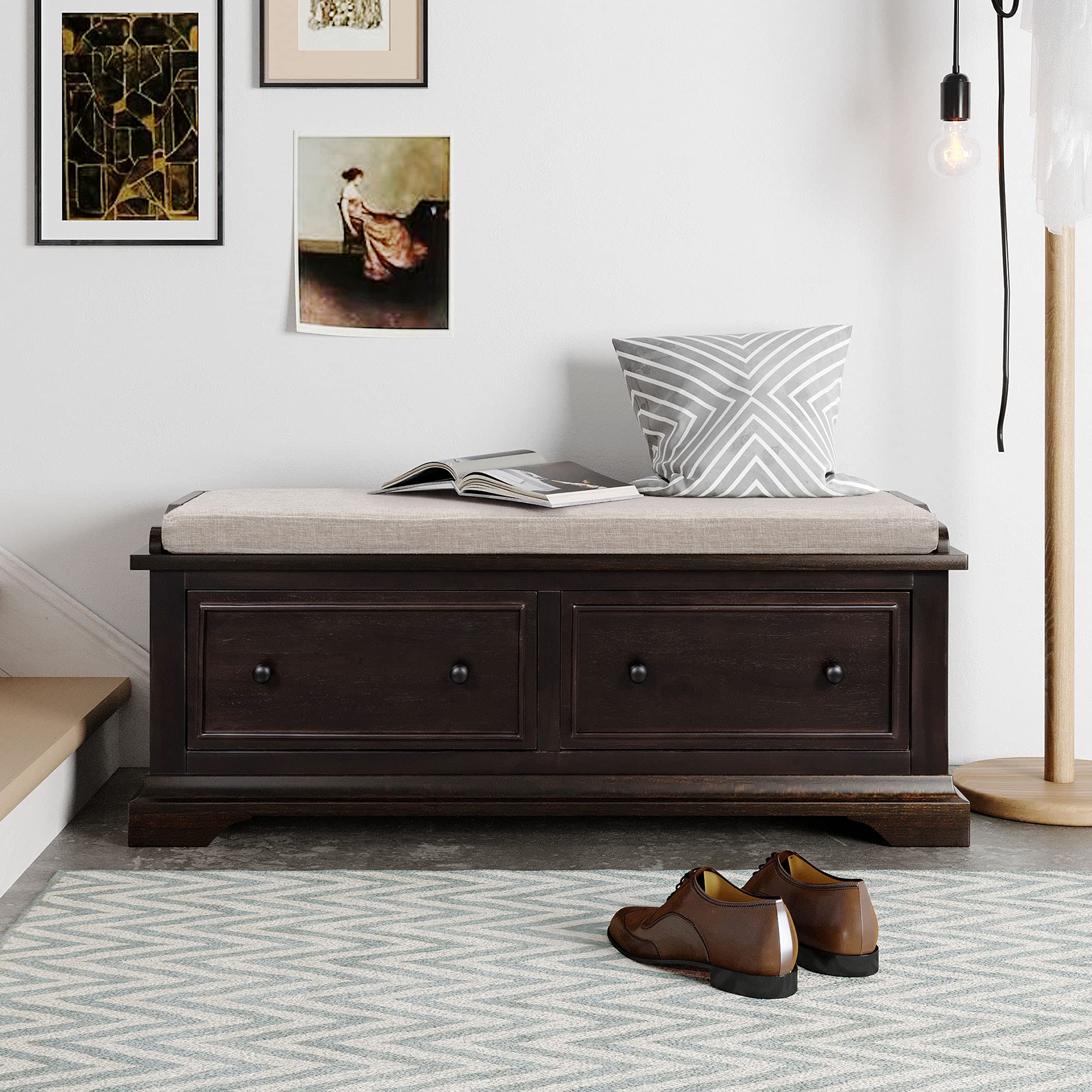 **Solid Wood Fully-Assembled Shoe Storage Bench with 2 Large Drawers & Removable Linen Blend Cushion - Entryway, Hallway, Living Room Bench (Espresso & Wood) - Perfect for Organizing Shoes, Coats & Home Decor**