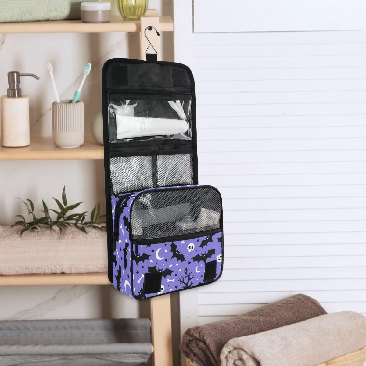 Waterproof Hanging Toiletry Bag for Women Travel - Portable Cosmetic Organizer with Multiple Pockets, Halloween Bat Design Makeup Bag for Bathroom, Camping & Gym Essentials Storage