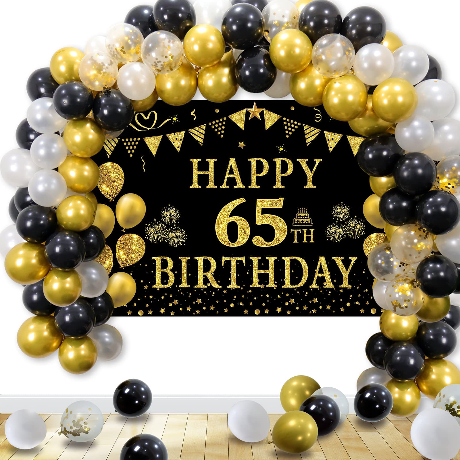 Black & Gold Happy 65th Birthday Party Decorations Set - Backdrop Banner, Tablecloth & 60 Latex Confetti Balloons for Men & Women | 65th Birthday Party Supplies & Gift Ideas | Perfect for Milestone Celebrations, Retirement Parties & Anniversary Decor