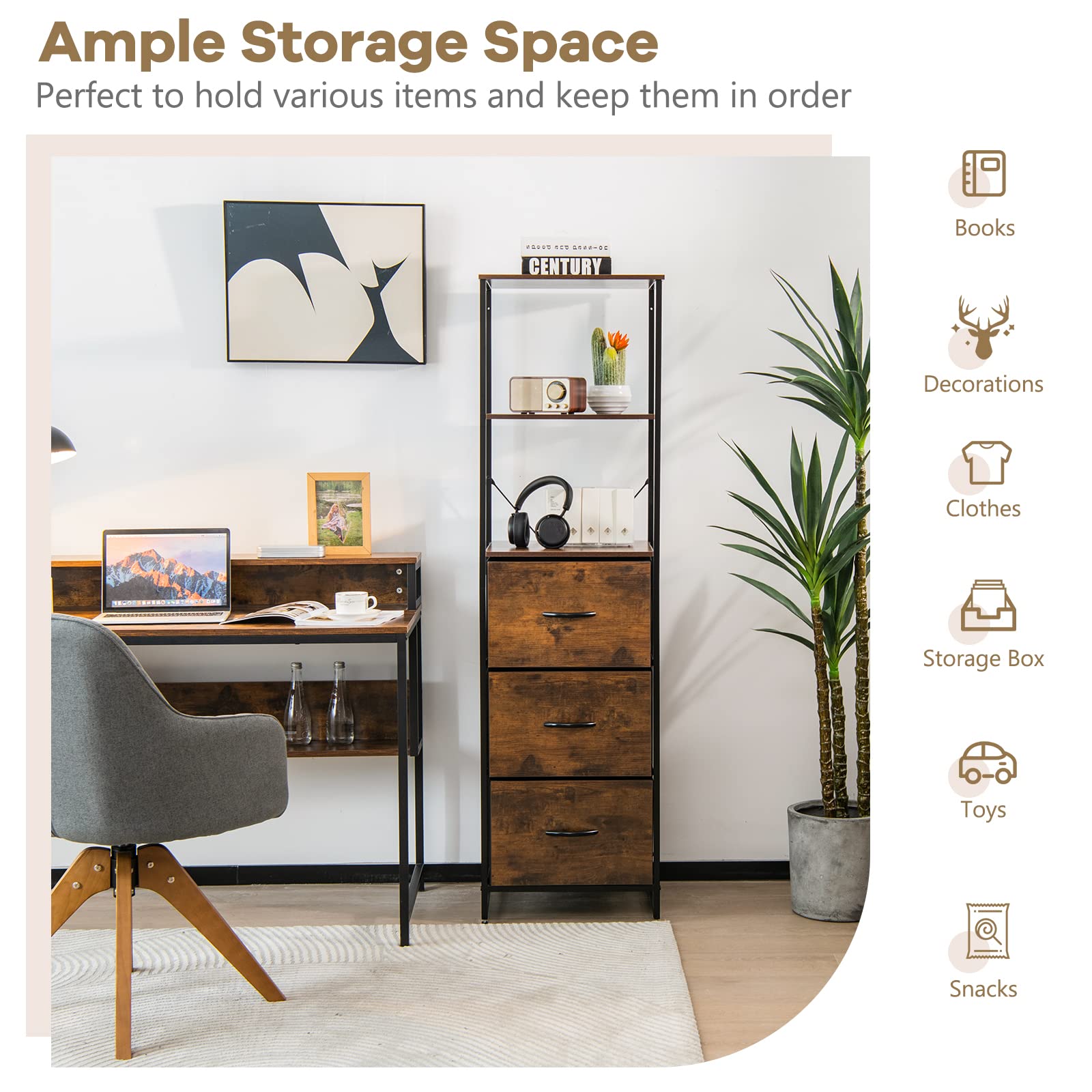 LOKO Tall Floor Storage Cabinet - Industrial Skinny Cabinet with 3 Fabric Drawers, Rustic Narrow Storage Organizer with Adjustable Footpads (17x15x61.5 Inches) - Perfect for Bedroom, Living Room & Office Organization