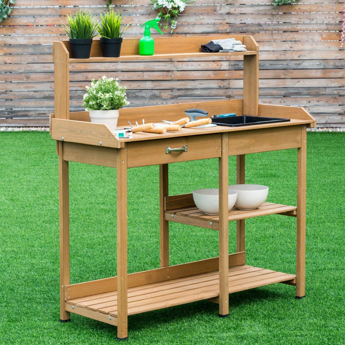 **Sturdy Wooden Potting Bench with Shelves - Indoor/Outdoor Garden Workstation for Planting, Transplanting & Organizing Tools | Perfect for Greenhouses, Patios & Backyard Gardening**