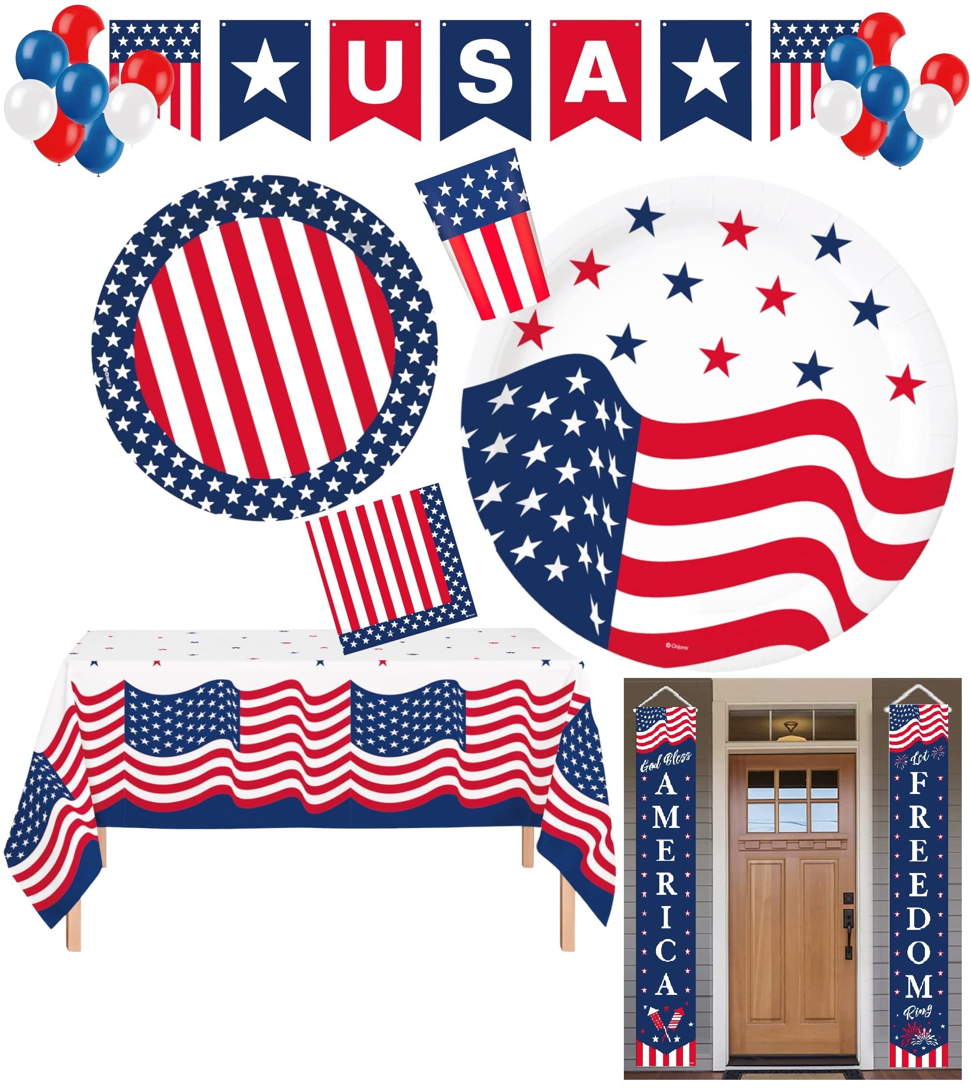 Red White & Blue Patriotic Party Supplies Set - 18 Plates, Cups, Napkins, Balloons + Table Cover, USA Banner & Porch/Door Decor - Perfect for 4th of July Celebrations, Memorial Day & Labor Day Parties
