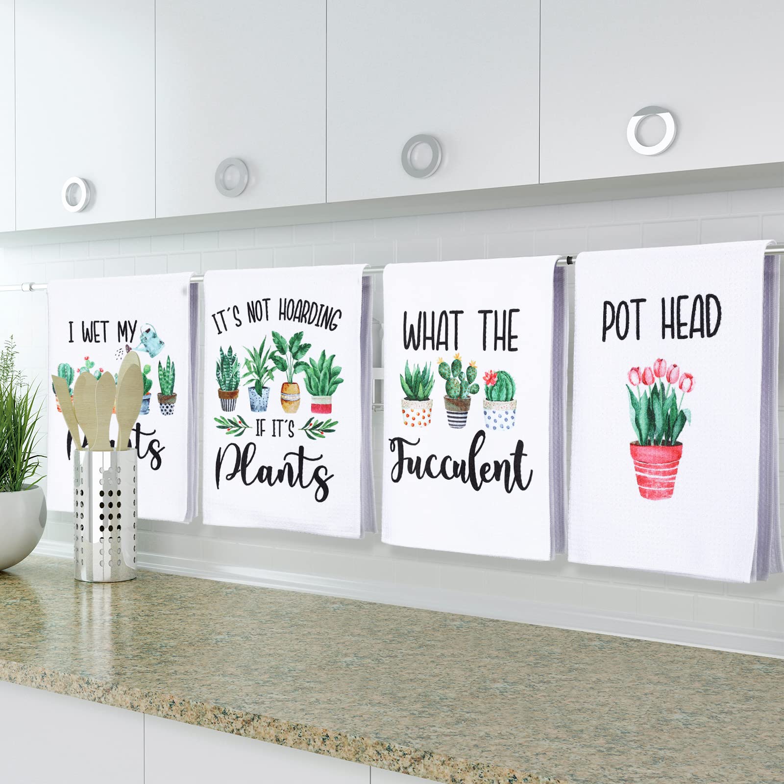 Tatuo 4-Piece Funny Kitchen Towel Set with Plant Sayings - Absorbent Waffle Weave Hand & Tea Towels - Cute Housewarming Gift for Plant Lovers (Perfect for Kitchen Decor, Hostess Gifts & Coffee Bar Accessories)