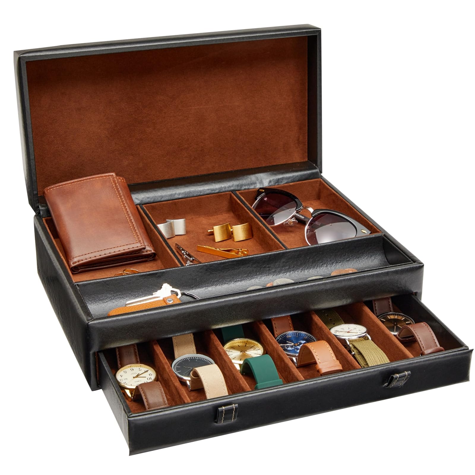Juvale Faux Leather Men's Jewelry Organizer - Black Watch Box with Leather Valet Tray for Necklaces, Rings & Accessories - 12.6 x 9 x 4 Inch Home Storage Solution for Dresser, Closet & Travel