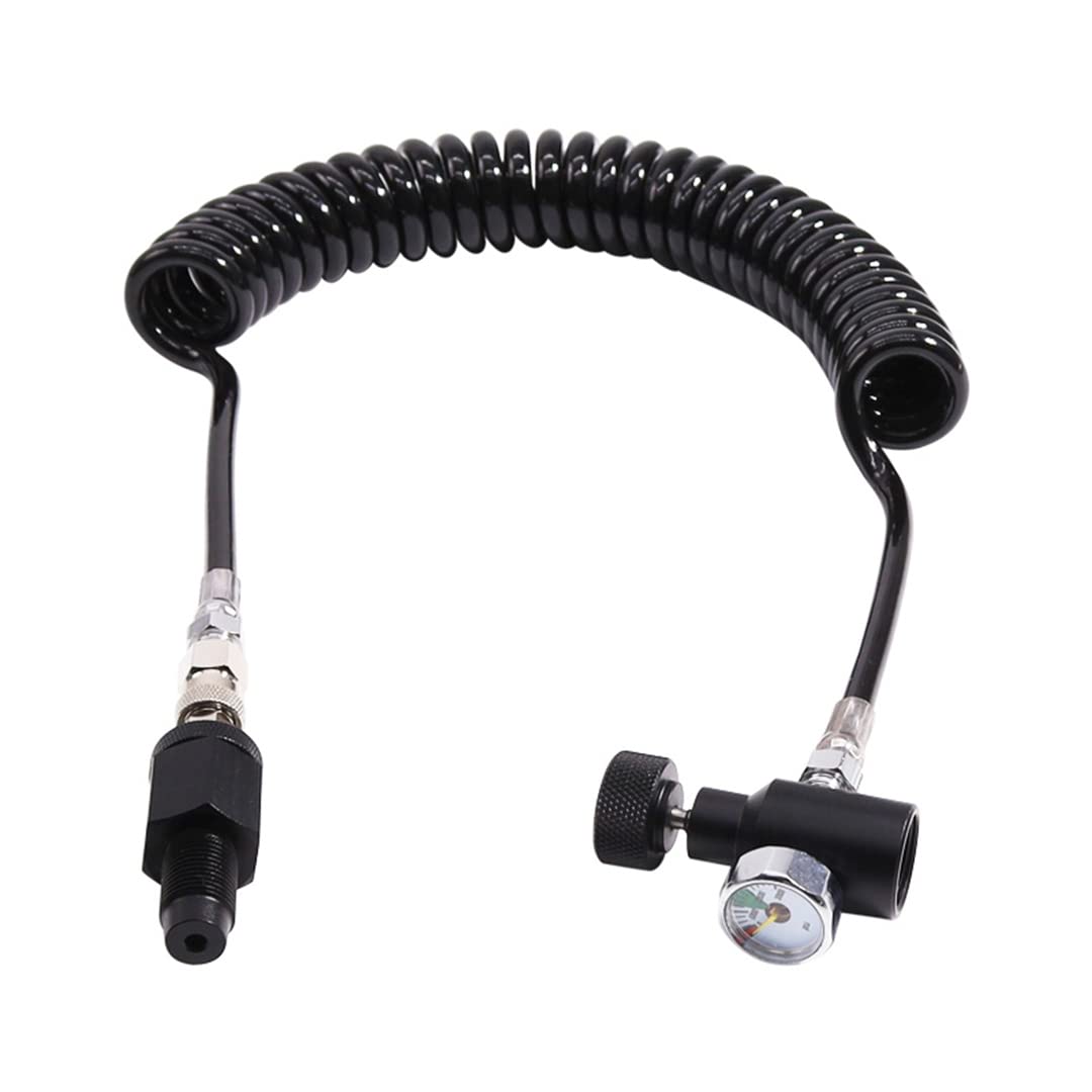 Heavy Duty Paintball Air Coil Remote Hose Line with QD & 3000 PSI Gauge - High Pressure Black Air Hose for Paintball Guns - Perfect for Outdoor Games, Tournaments & Tactical Training
