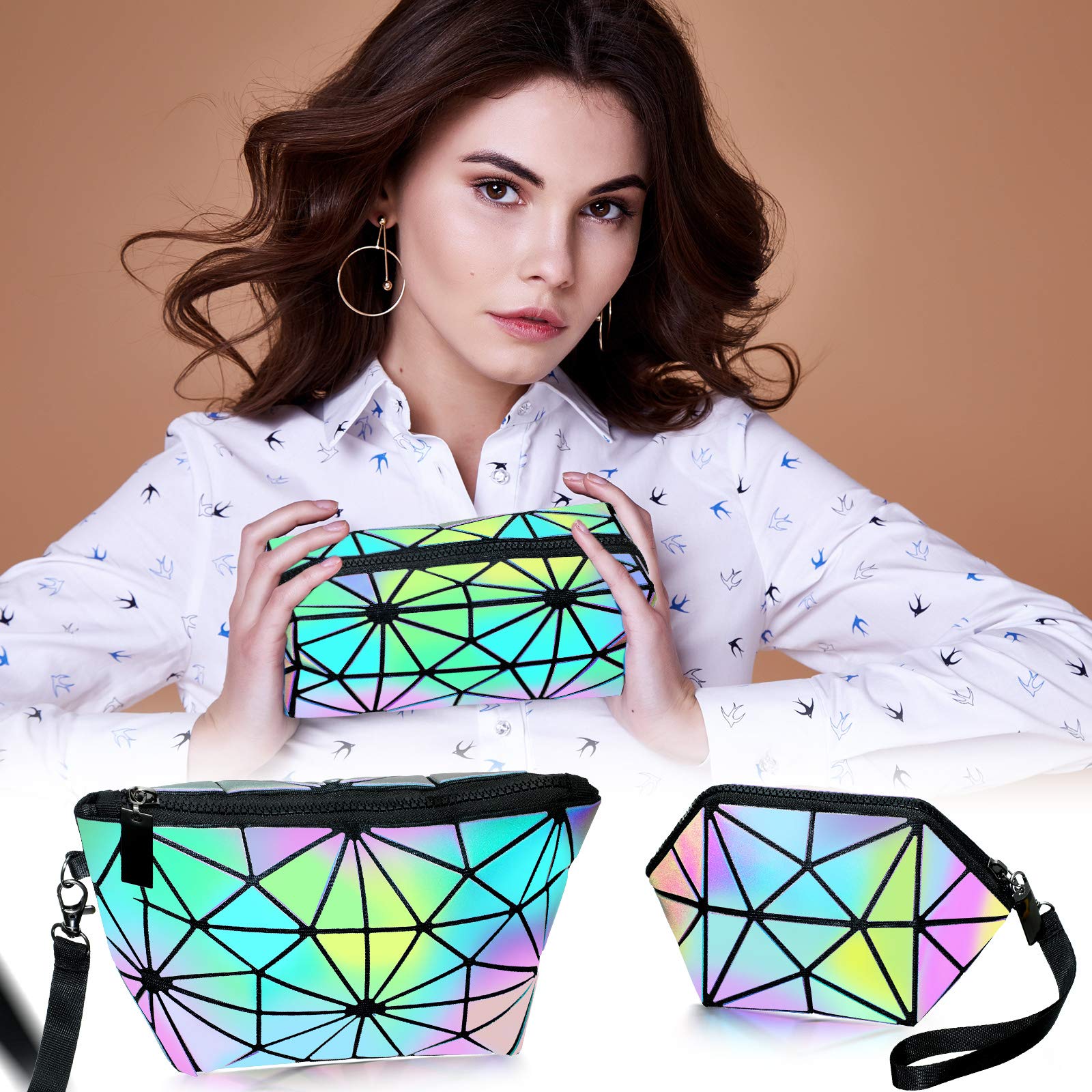 WeeWooday 3-Piece Travel Makeup Bag Set for Women - Waterproof Cosmetic Organizer with Wrist Strap, Holographic Luminous Design - Perfect for Travel, Gym & Daily Use