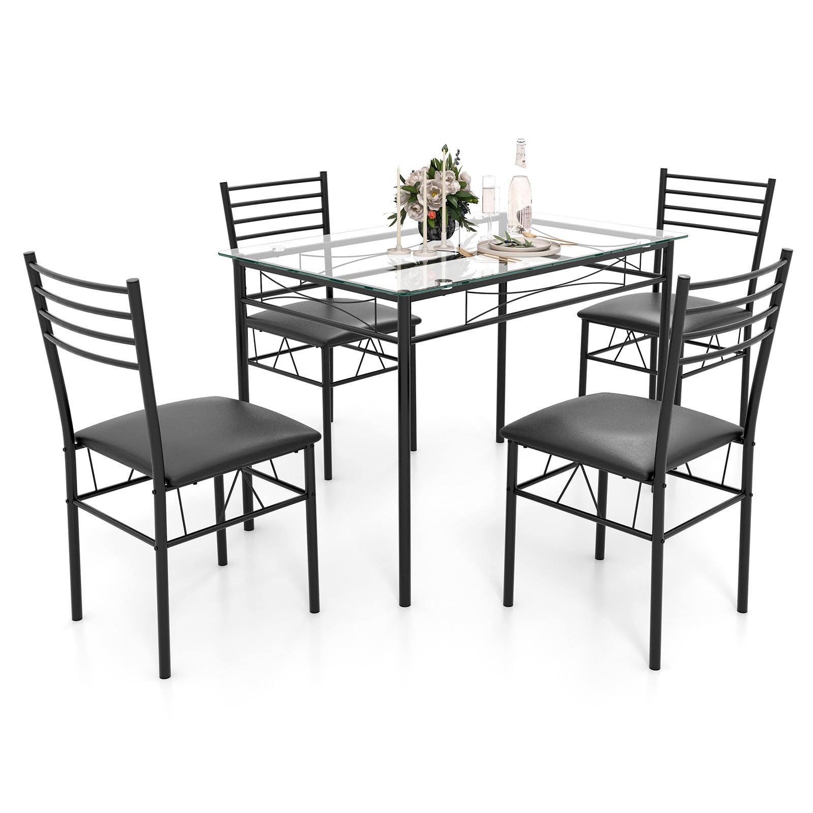NAFORT 5-Piece Modern Dining Table Set with Tempered Glass Top & 4 Upholstered Chairs - Space Saving Kitchen Table for Small Apartments, Breakfast Nook, Office or Dorm Room - Sturdy Metal Frame & 3/8