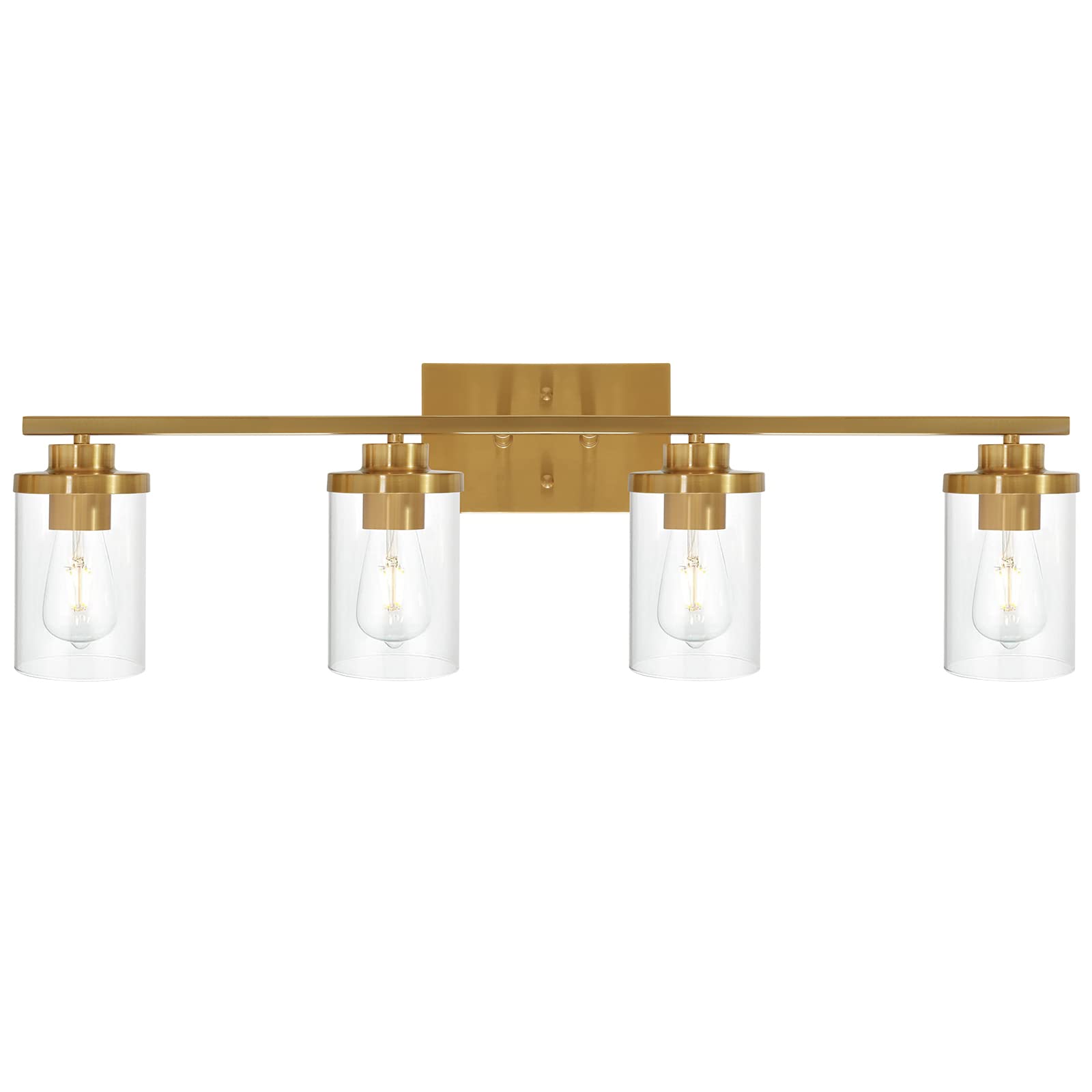QueeuQ Brushed Brass Bathroom Vanity Light Fixture - 4-Light Farmhouse Wall Sconce with Clear Glass Shade - Modern Wall Mount Lamp for Hallway, Dining Room, Living Room - Perfect for Home Decor, Bedroom Lighting & Bathroom Makeover