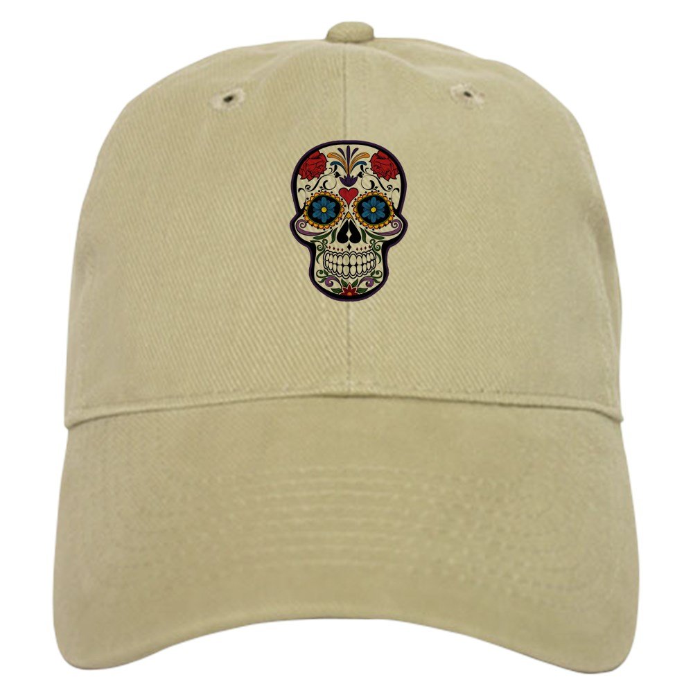 Truly Teague Floral Sugar Skull Day of The Dead Cap - Khaki Color Adjustable Cotton Hat for Women & Men | Perfect for Halloween, Dia de Los Muertos, and Festival Outfits